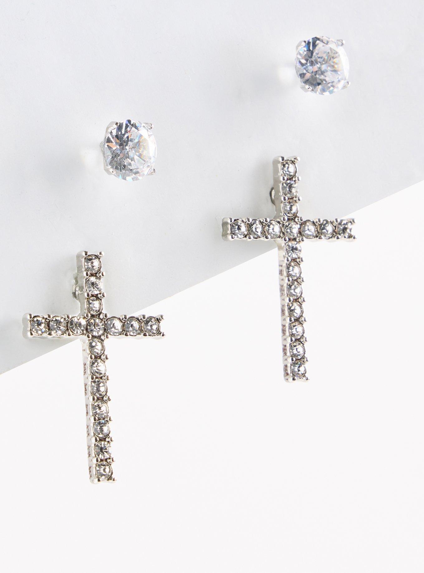 Plus Size Cross & Stud Set, SILVER, hi-res