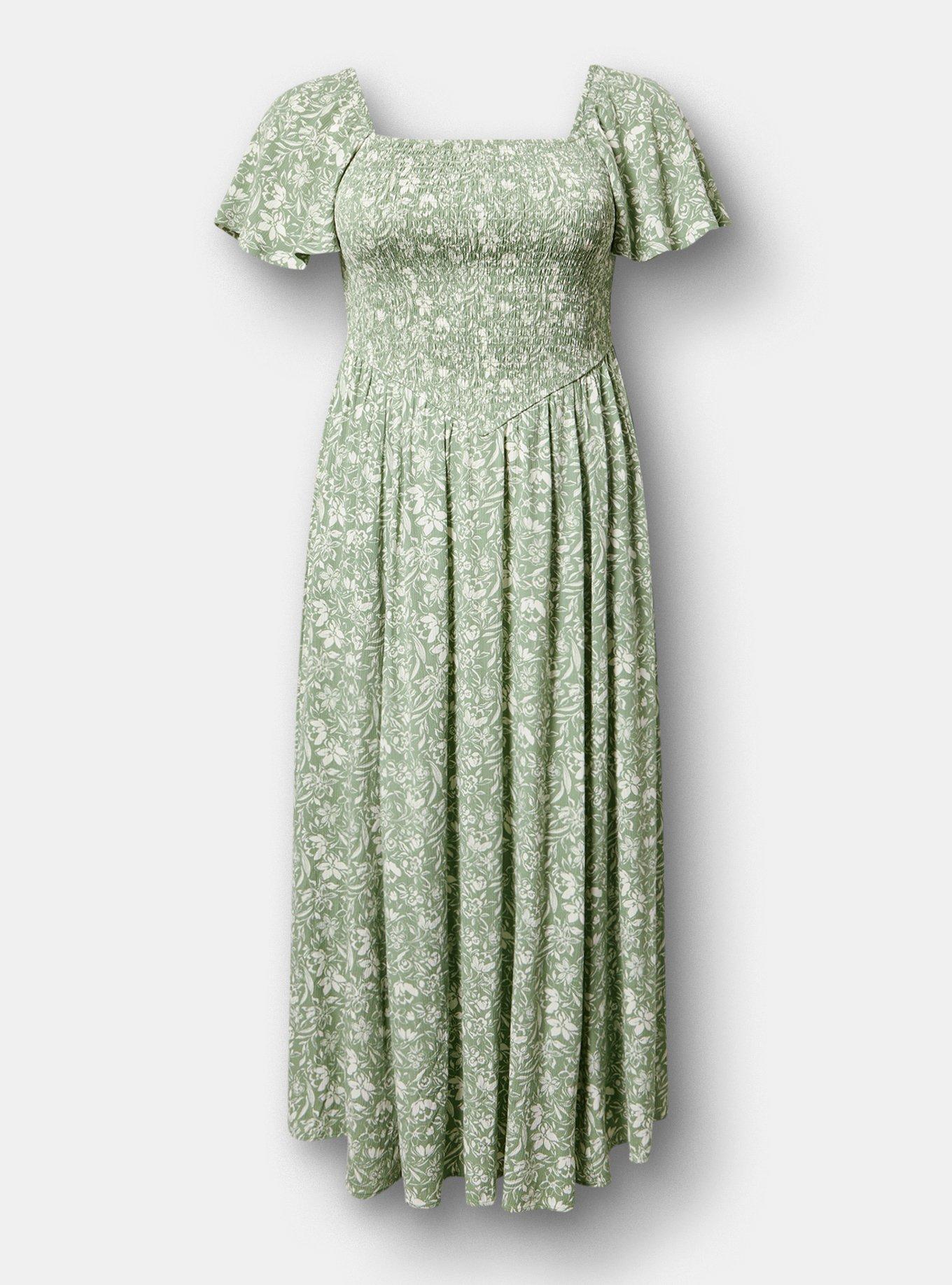 Basque Waist Flutter Sleeve Maxi Dress, STEPH FLORAL GREEN, hi-res