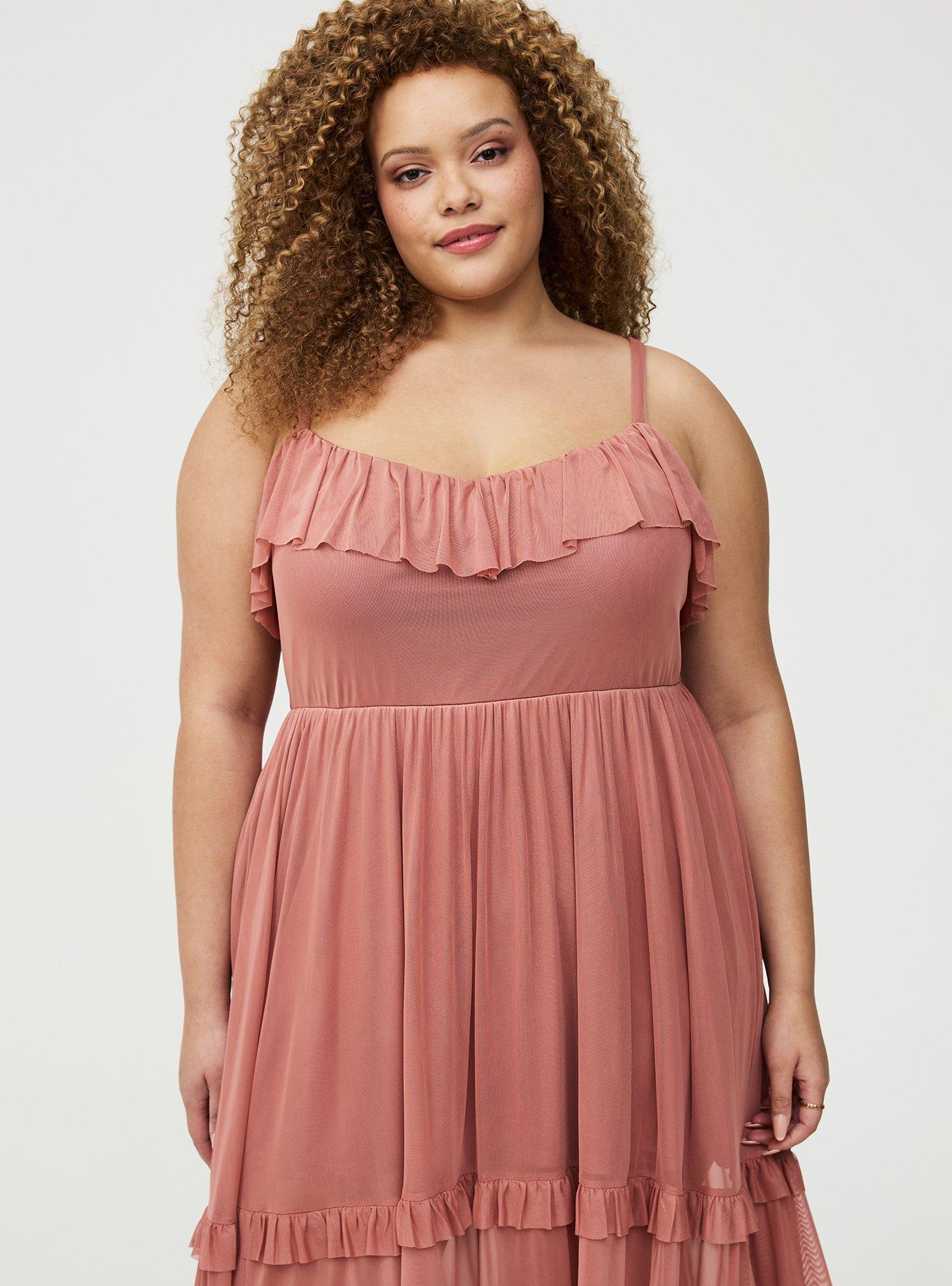 Mesh V-Neck Tiered Maxi Dress, LIGHT MAHOGANY, alternate