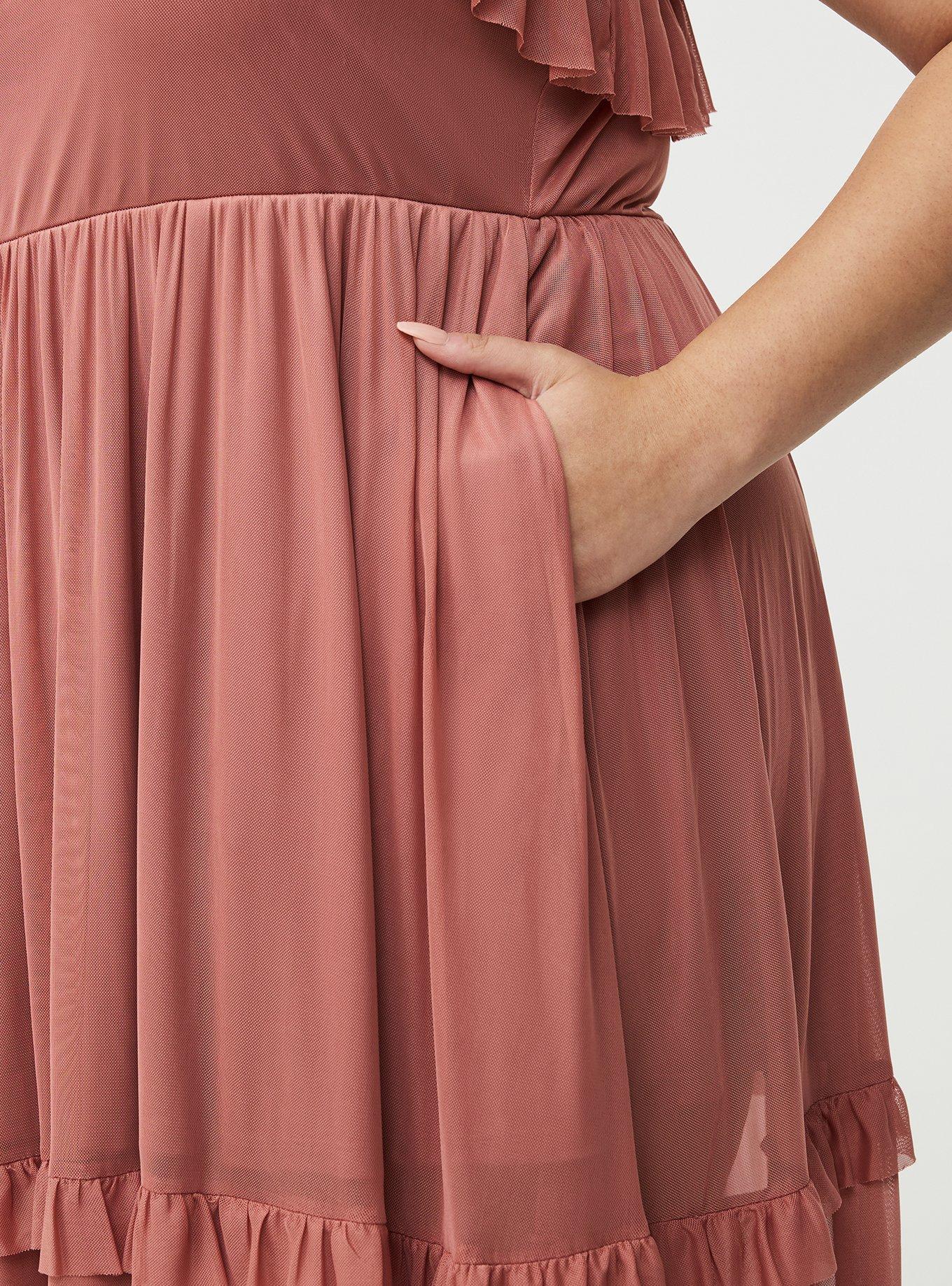 Mesh V-Neck Tiered Maxi Dress, LIGHT MAHOGANY, alternate