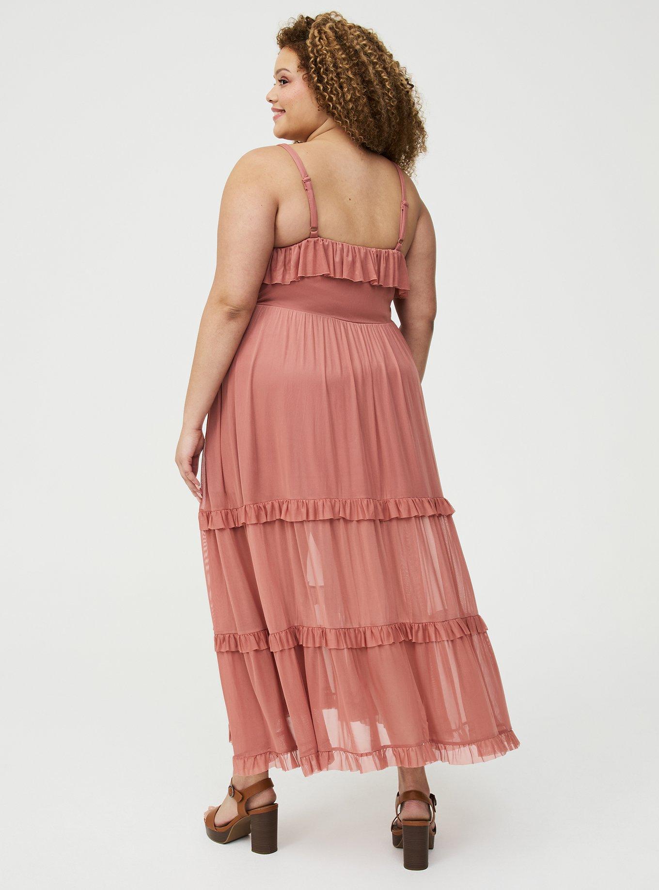 Mesh V-Neck Tiered Maxi Dress, LIGHT MAHOGANY, alternate