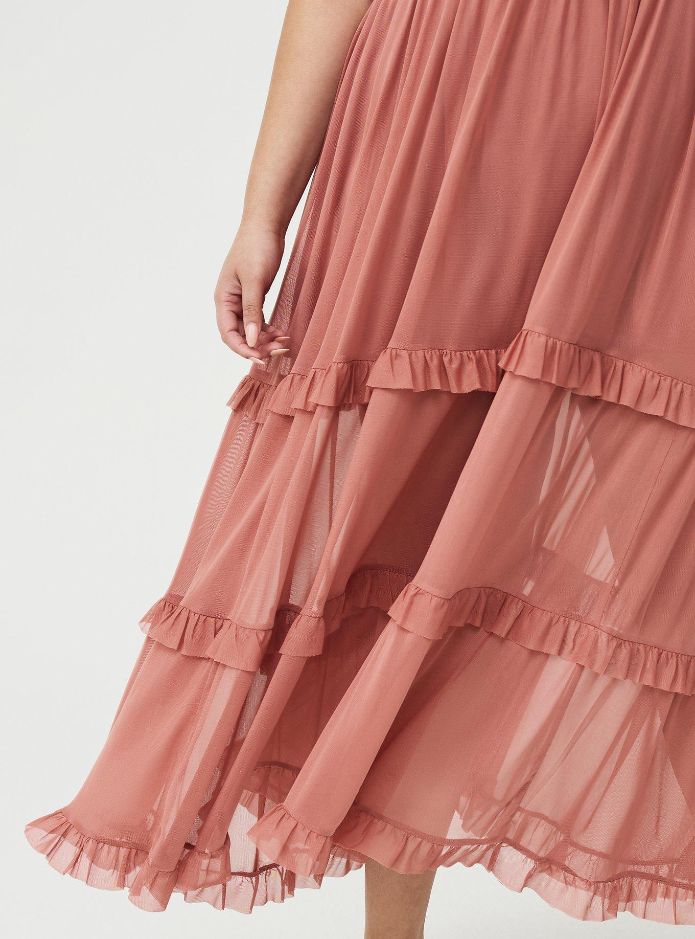 Mesh V-Neck Tiered Maxi Dress, LIGHT MAHOGANY, alternate