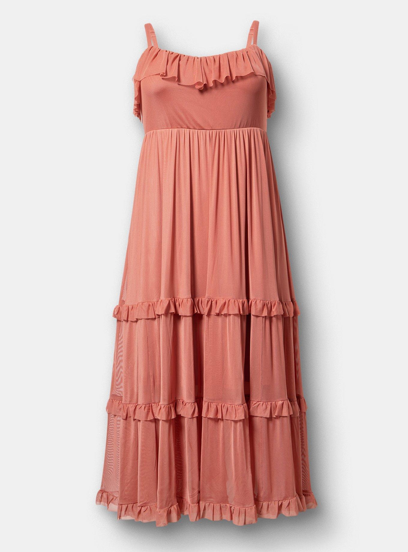 Mesh V-Neck Tiered Maxi Dress, LIGHT MAHOGANY, hi-res