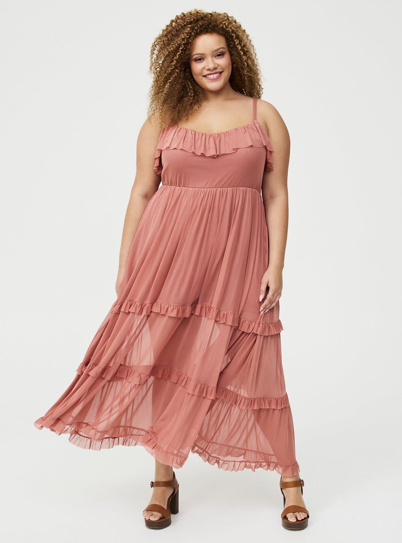 Mesh V-Neck Tiered Maxi Dress, LIGHT MAHOGANY, hi-res
