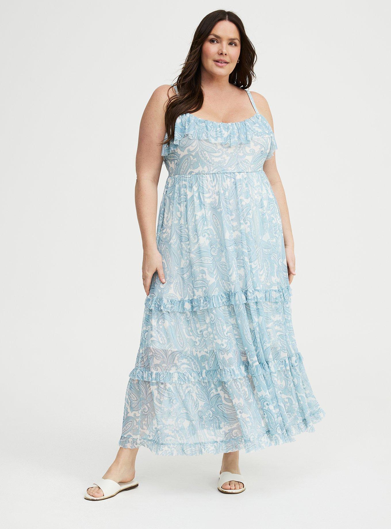 Mesh V-Neck Tiered Maxi Dress, FRENCH PAISLEY BLUE, hi-res