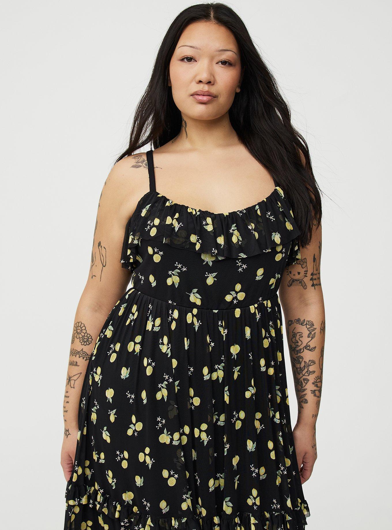 Mesh V-Neck Tiered Maxi Dress, LOTTA LEMONS BLACK, alternate