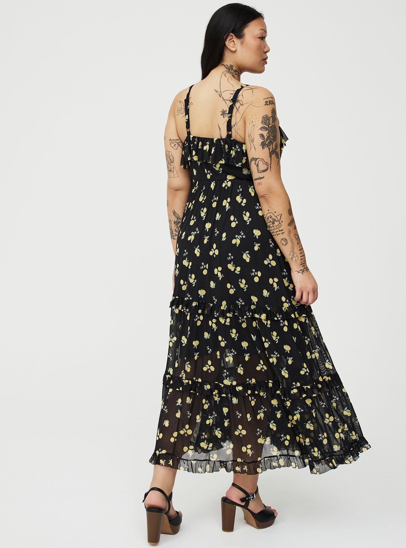 Mesh V-Neck Tiered Maxi Dress, LOTTA LEMONS BLACK, alternate