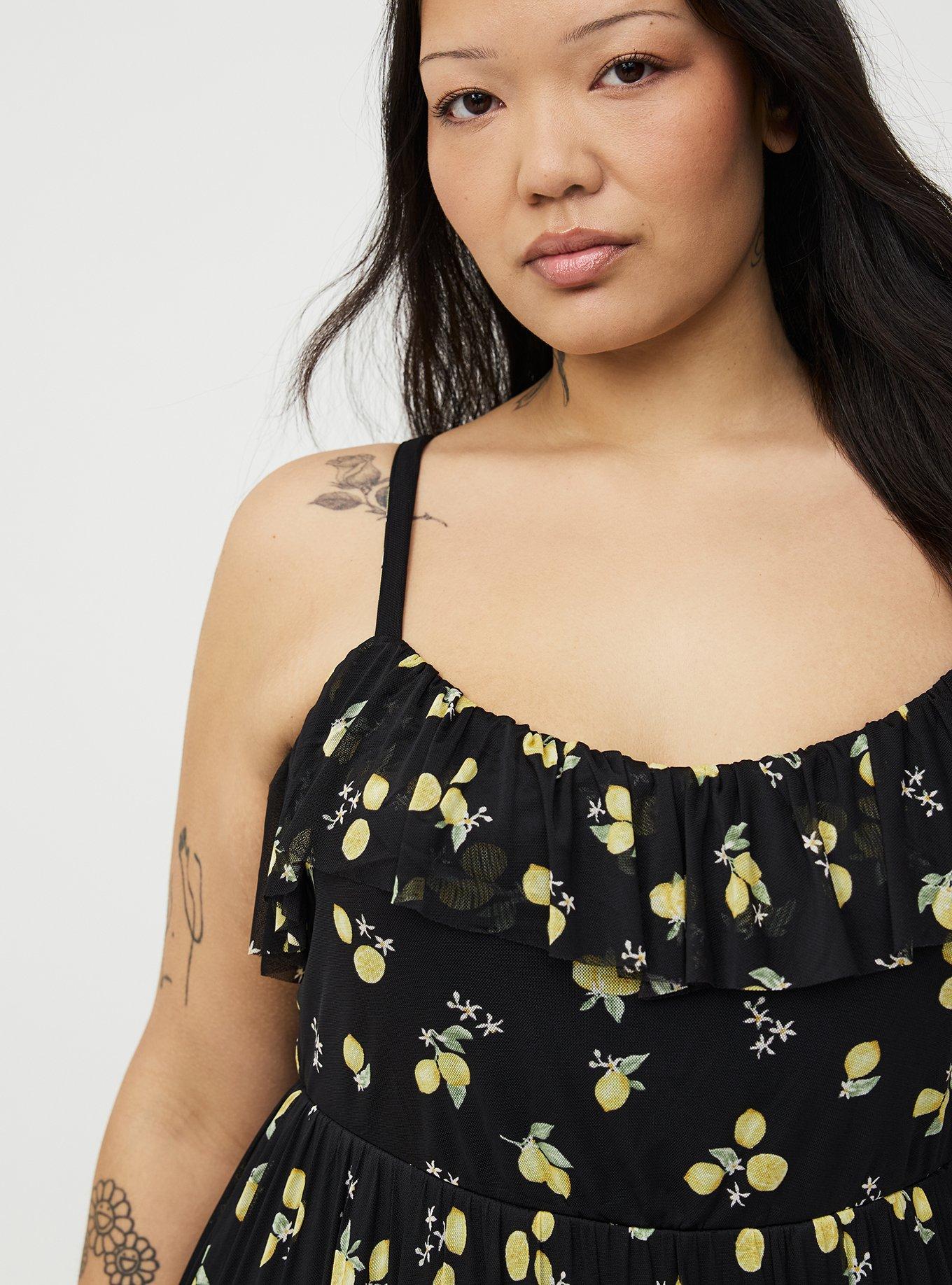 Mesh V-Neck Tiered Maxi Dress, LOTTA LEMONS BLACK, alternate