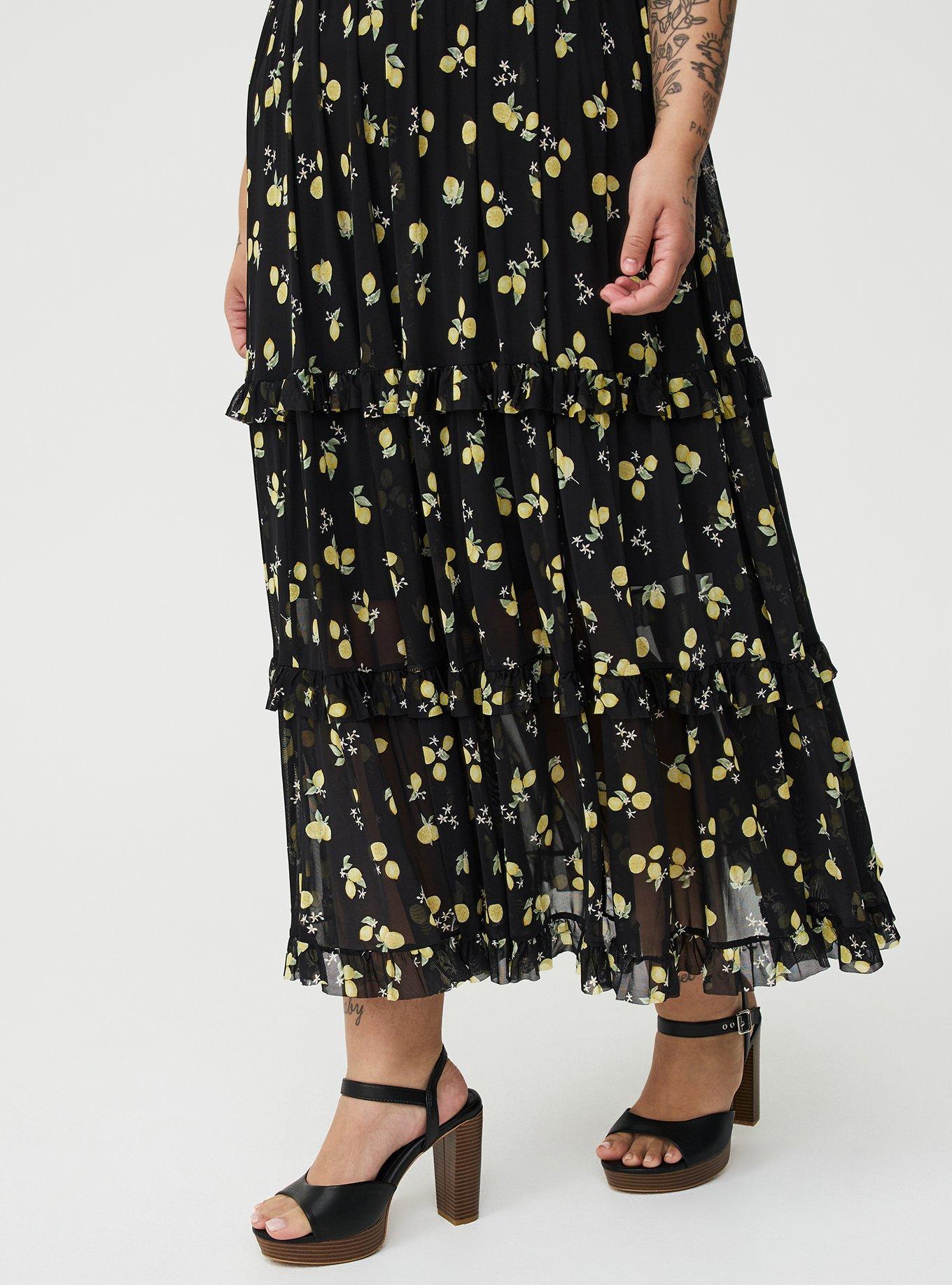 Mesh V-Neck Tiered Maxi Dress, LOTTA LEMONS BLACK, alternate