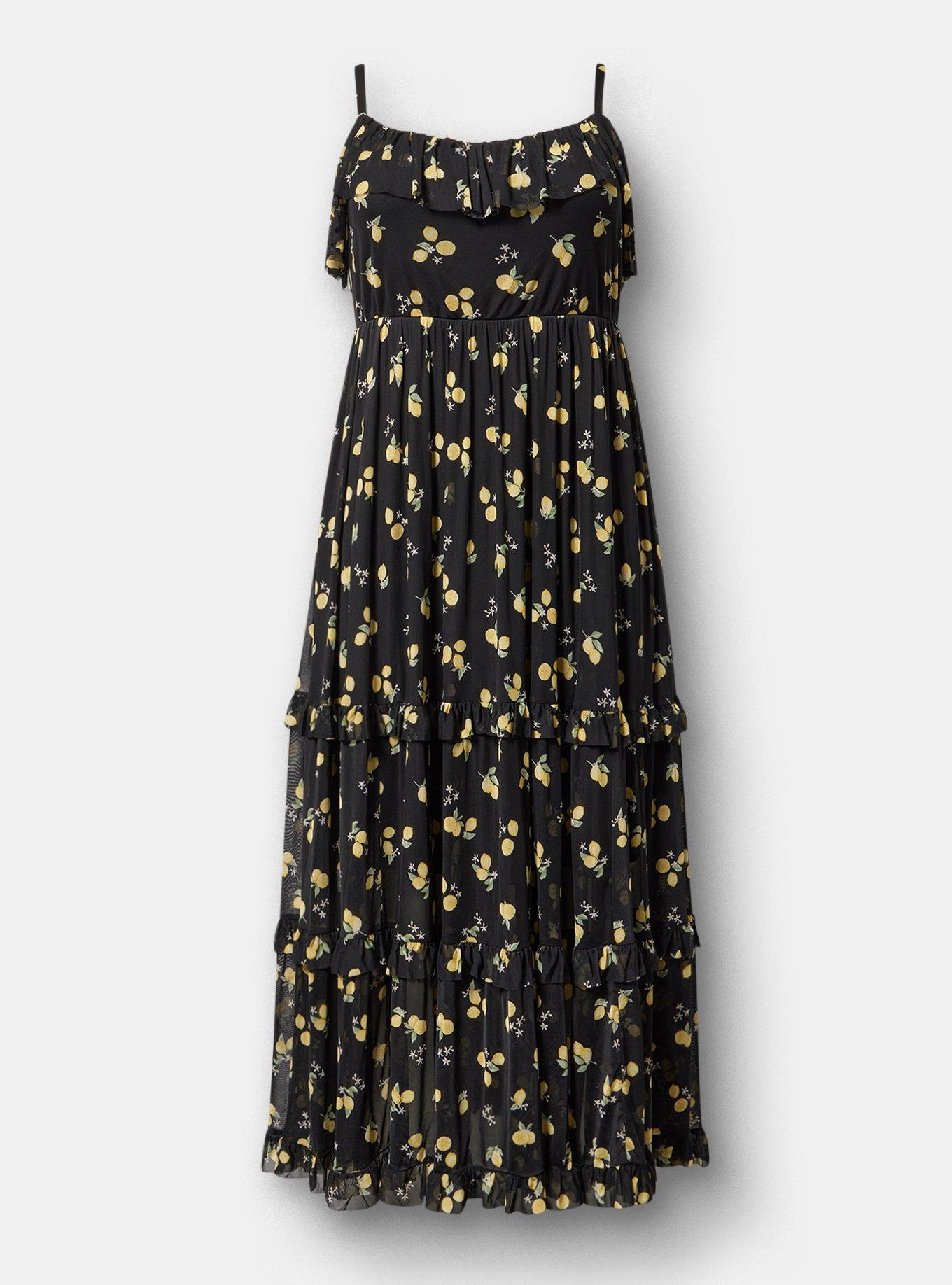 Mesh V-Neck Tiered Maxi Dress, LOTTA LEMONS BLACK, hi-res