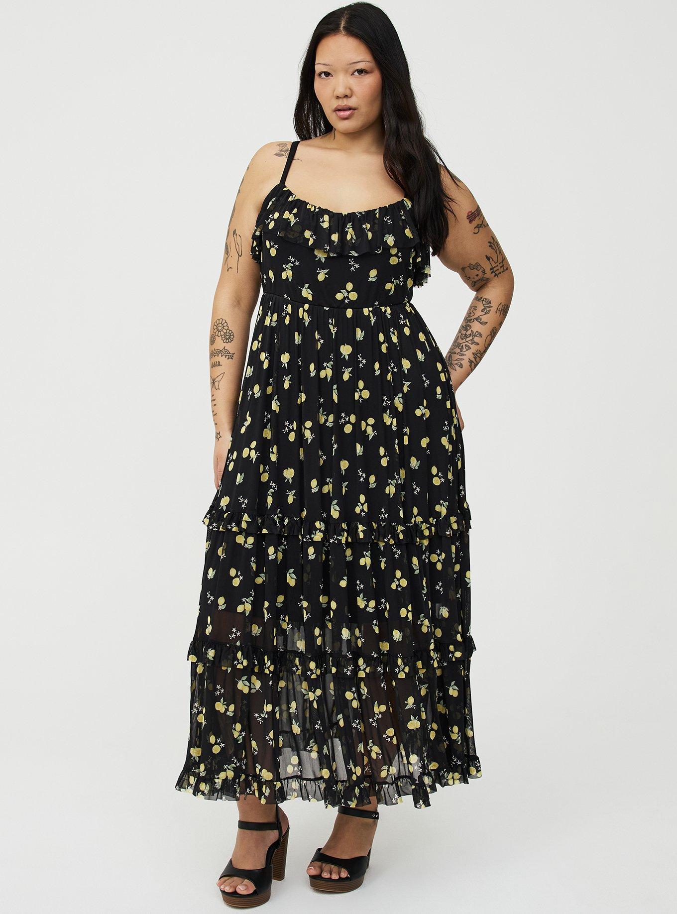 Mesh V-Neck Tiered Maxi Dress, LOTTA LEMONS BLACK, hi-res
