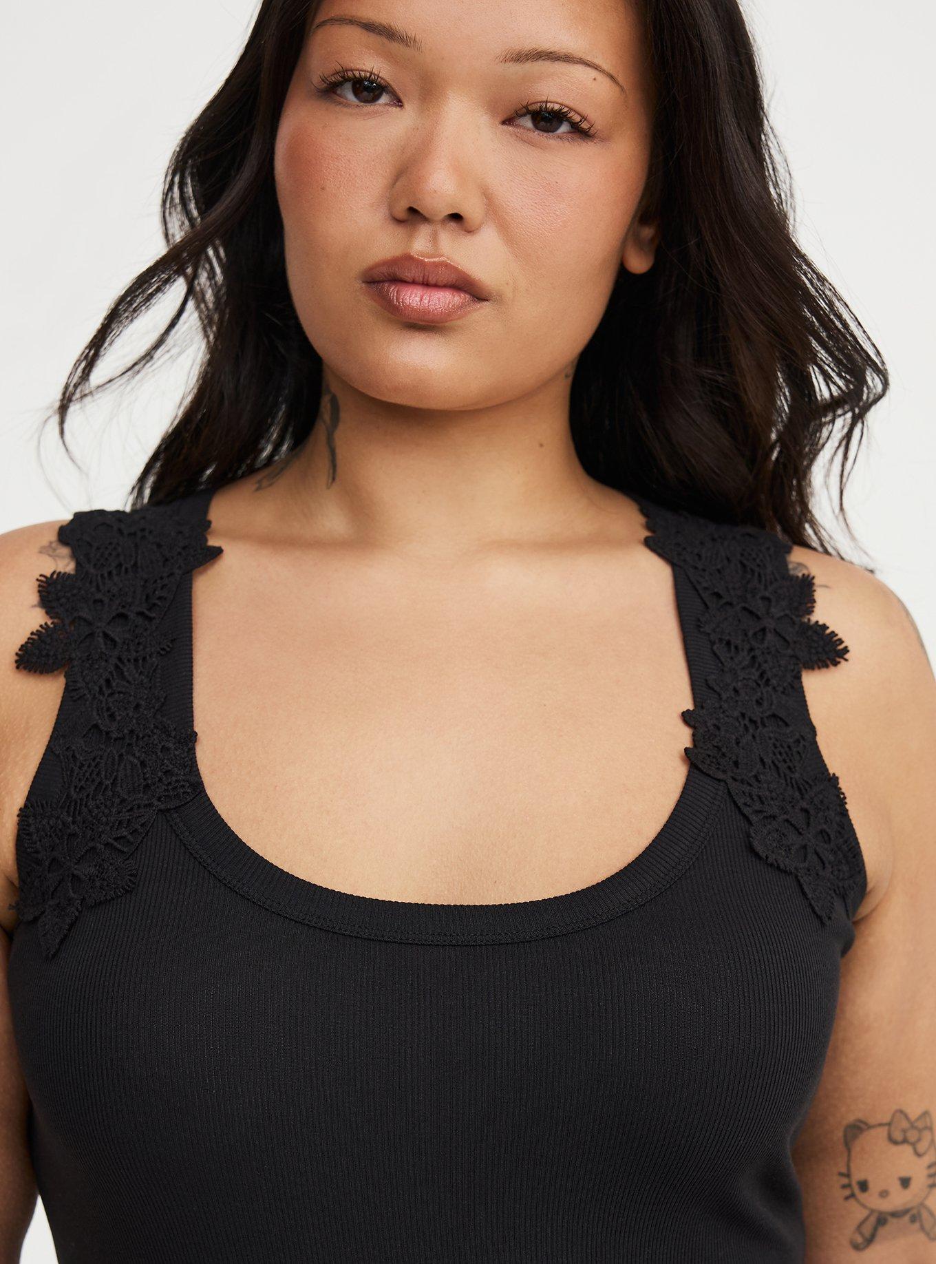Cotton Modal Rib Crochet Strap Tank, DEEP BLACK, alternate