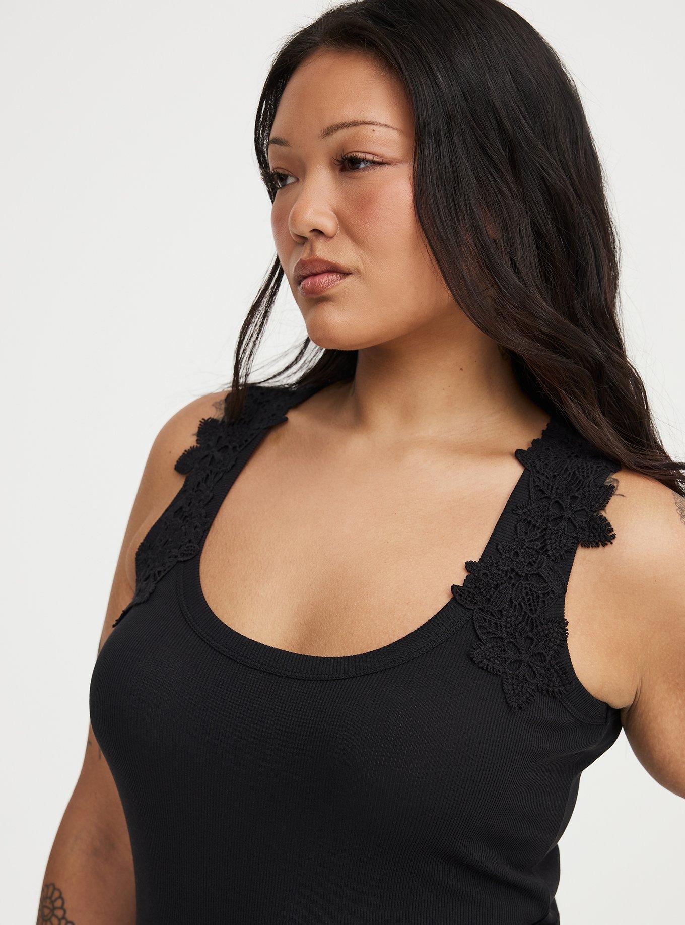 Cotton Modal Rib Crochet Strap Tank, DEEP BLACK, alternate