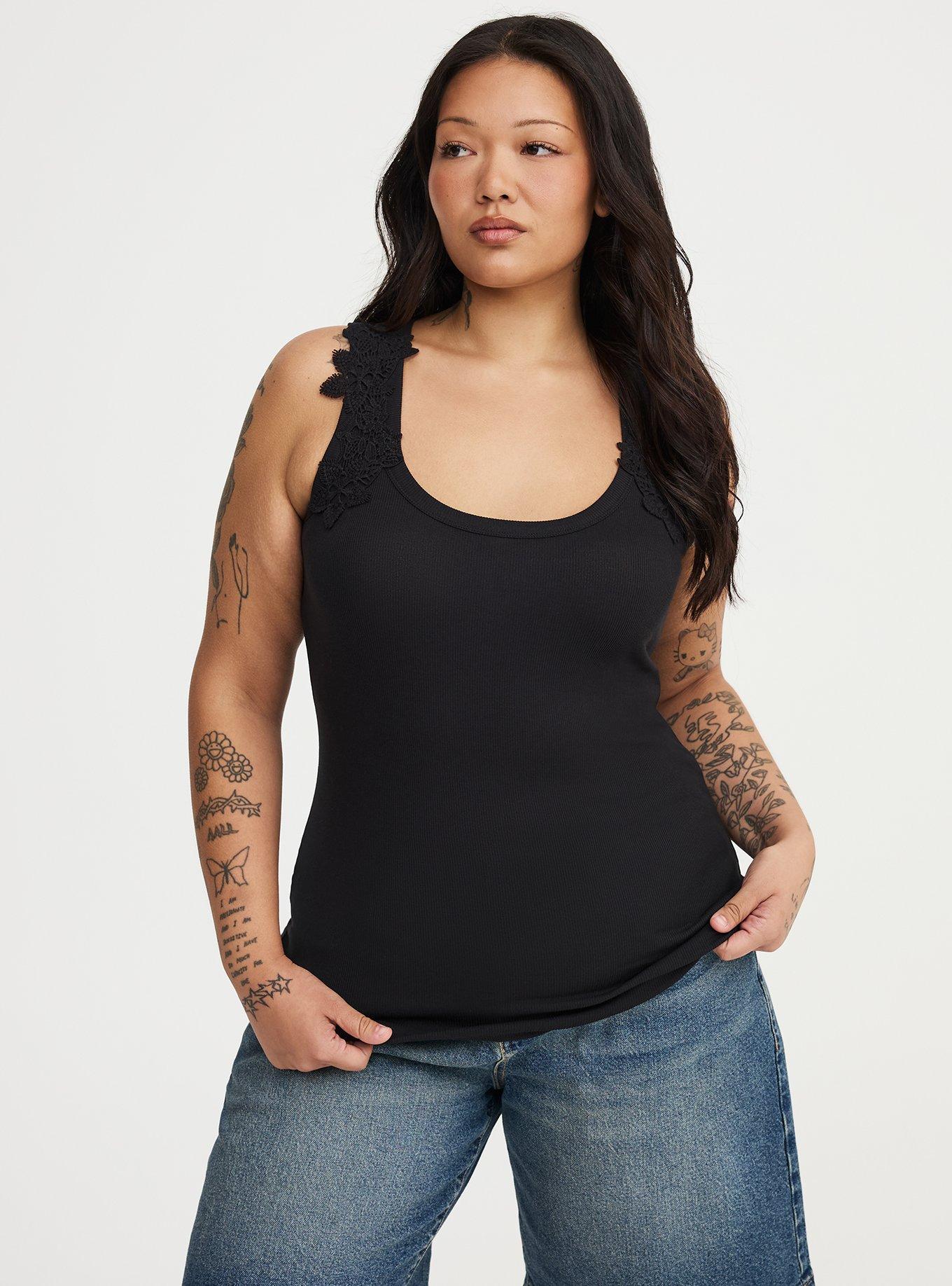 Cotton Modal Rib Crochet Strap Tank, DEEP BLACK, alternate