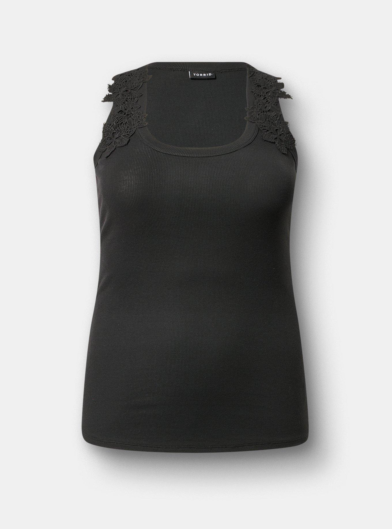 Cotton Modal Rib Crochet Strap Tank, DEEP BLACK, hi-res