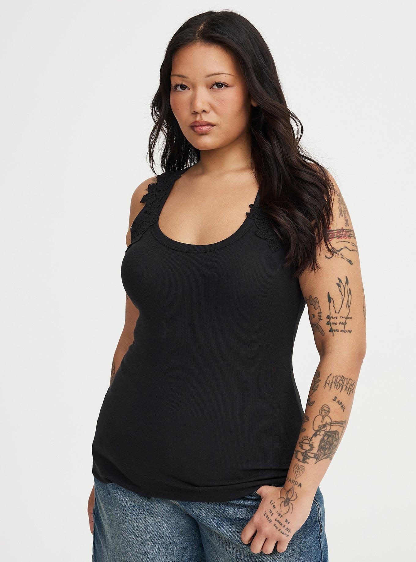 Cotton Modal Rib Crochet Strap Tank, DEEP BLACK, hi-res