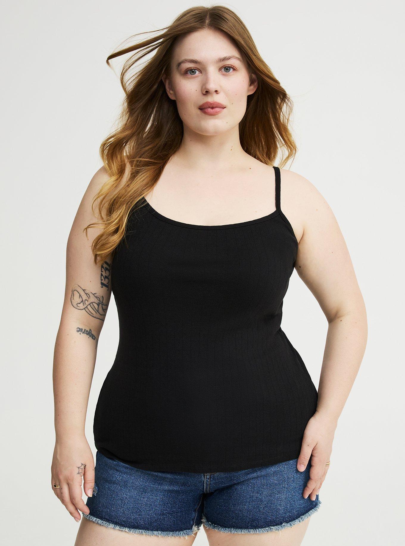 Pointelle Lace Trim Cami, DEEP BLACK, hi-res