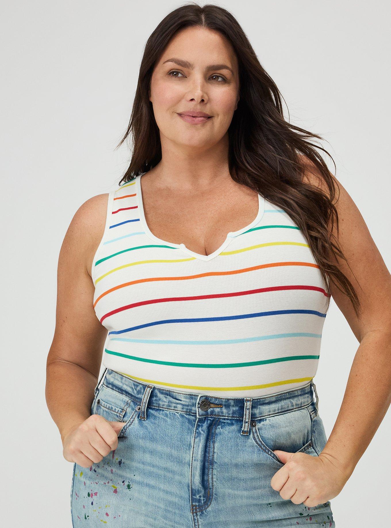 Cotton Modal Rib Notch Scoop Tank, LOVE STRIPE IVORY, alternate