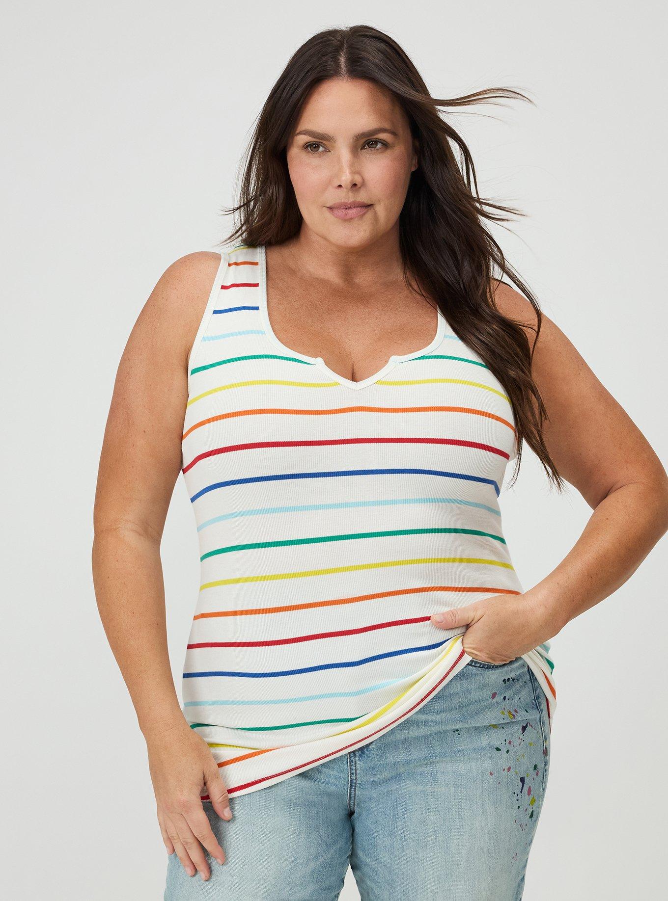 Cotton Modal Rib Notch Scoop Tank, LOVE STRIPE IVORY, hi-res