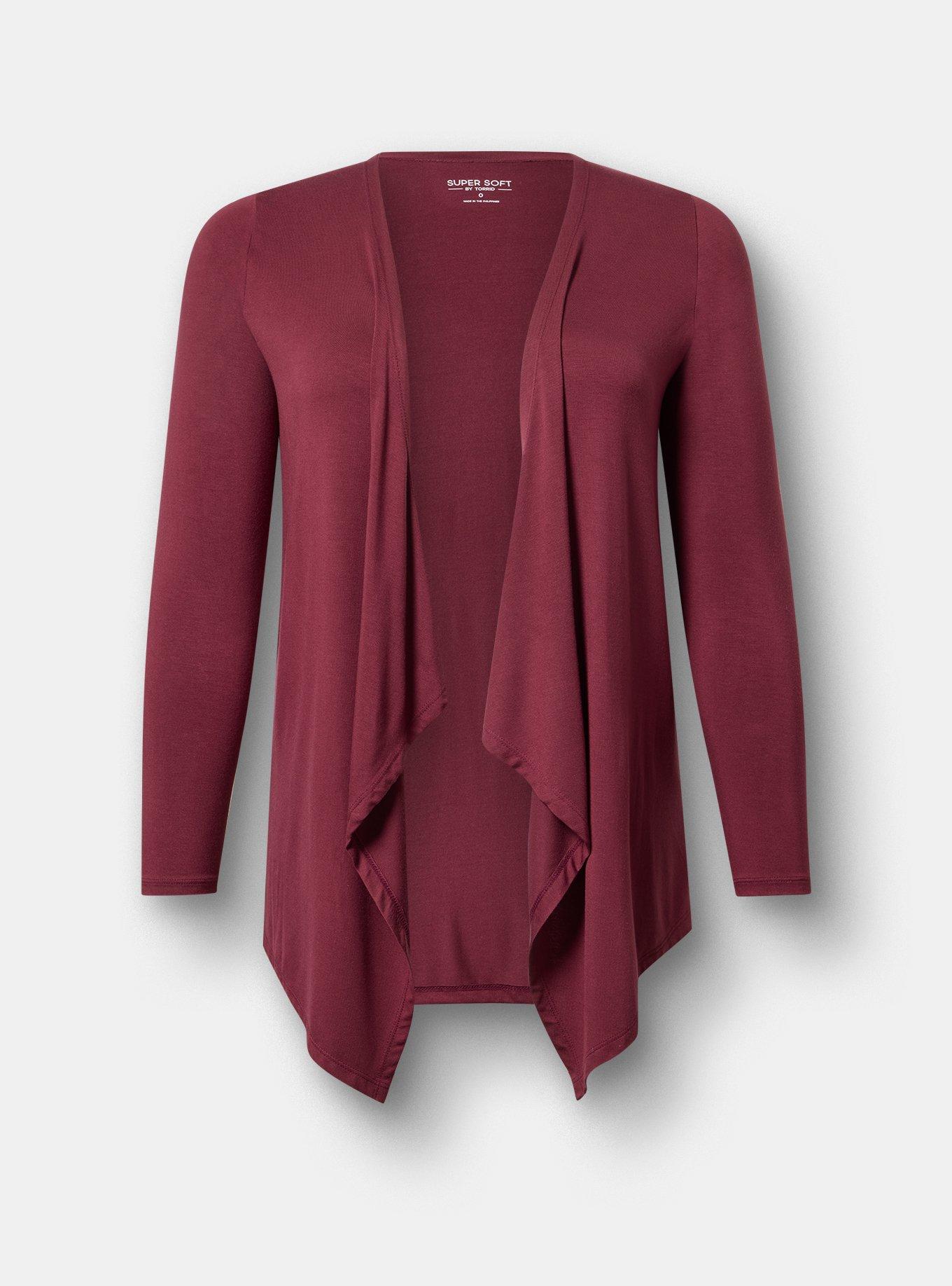 Plus Size Super Soft Drape Front Cardigan, MAROON BANNER, flat