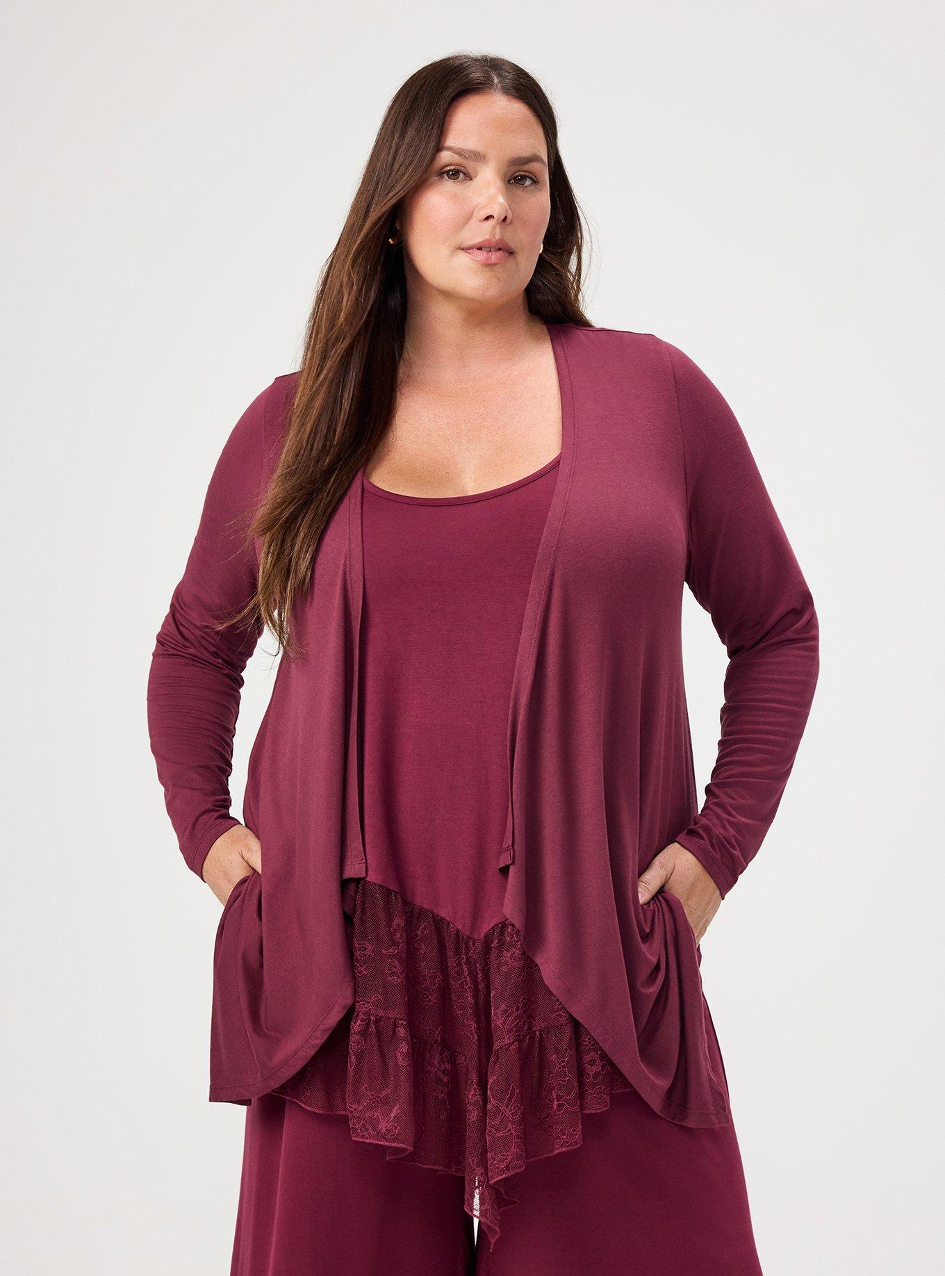 Plus Size Super Soft Drape Front Cardigan, MAROON BANNER, hi-res