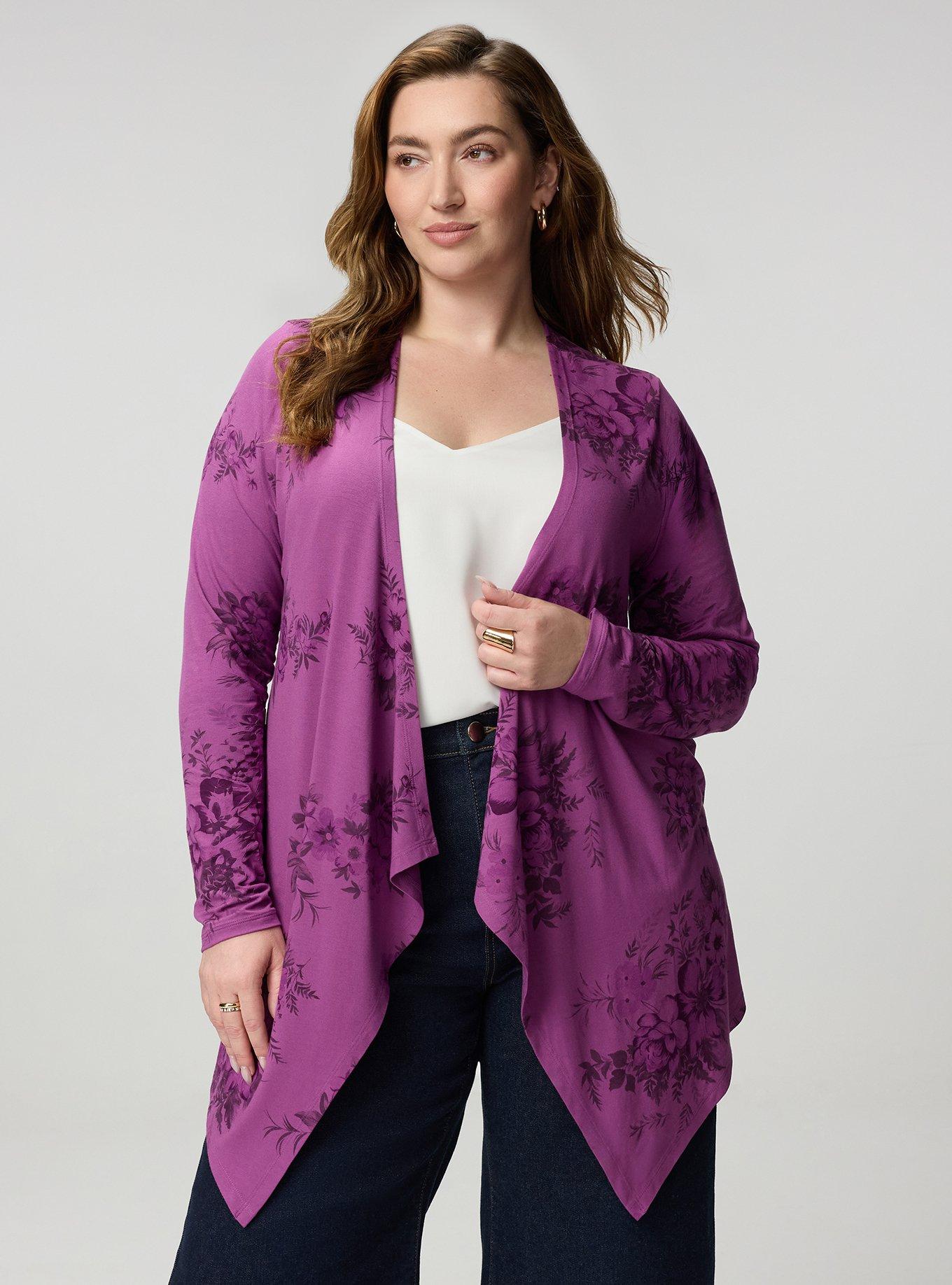 Super Soft Drape Front Cardigan, JANICE FLORAL PLUM, hi-res