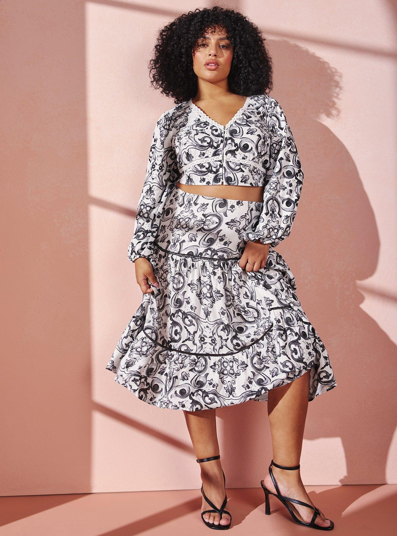 Studio Tiered Midi Skirt, GOTHIC TILE BLACK, hi-res