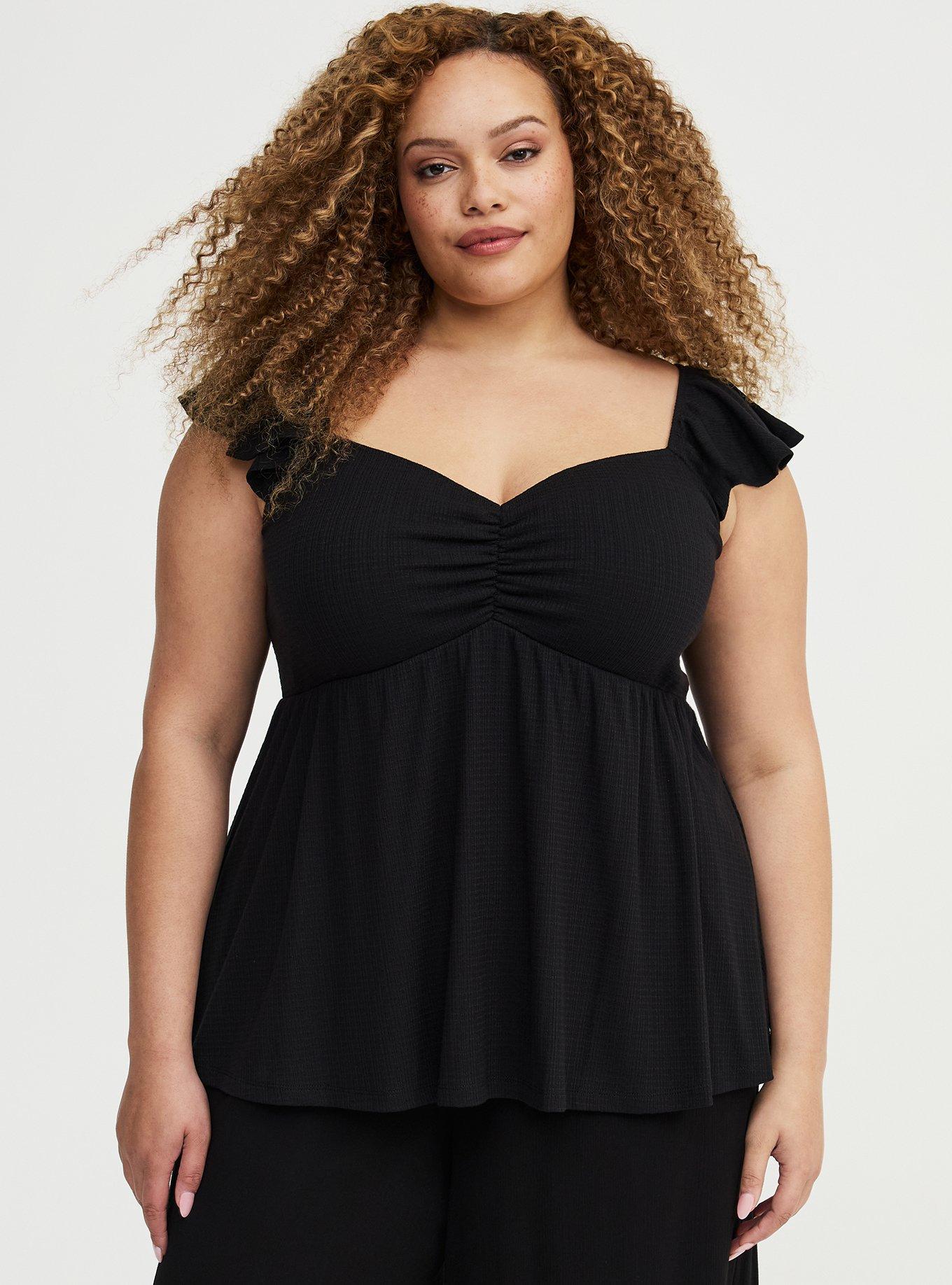 Textured Jersey Flutter Sleeve Babydoll Top, DEEP BLACK, hi-res