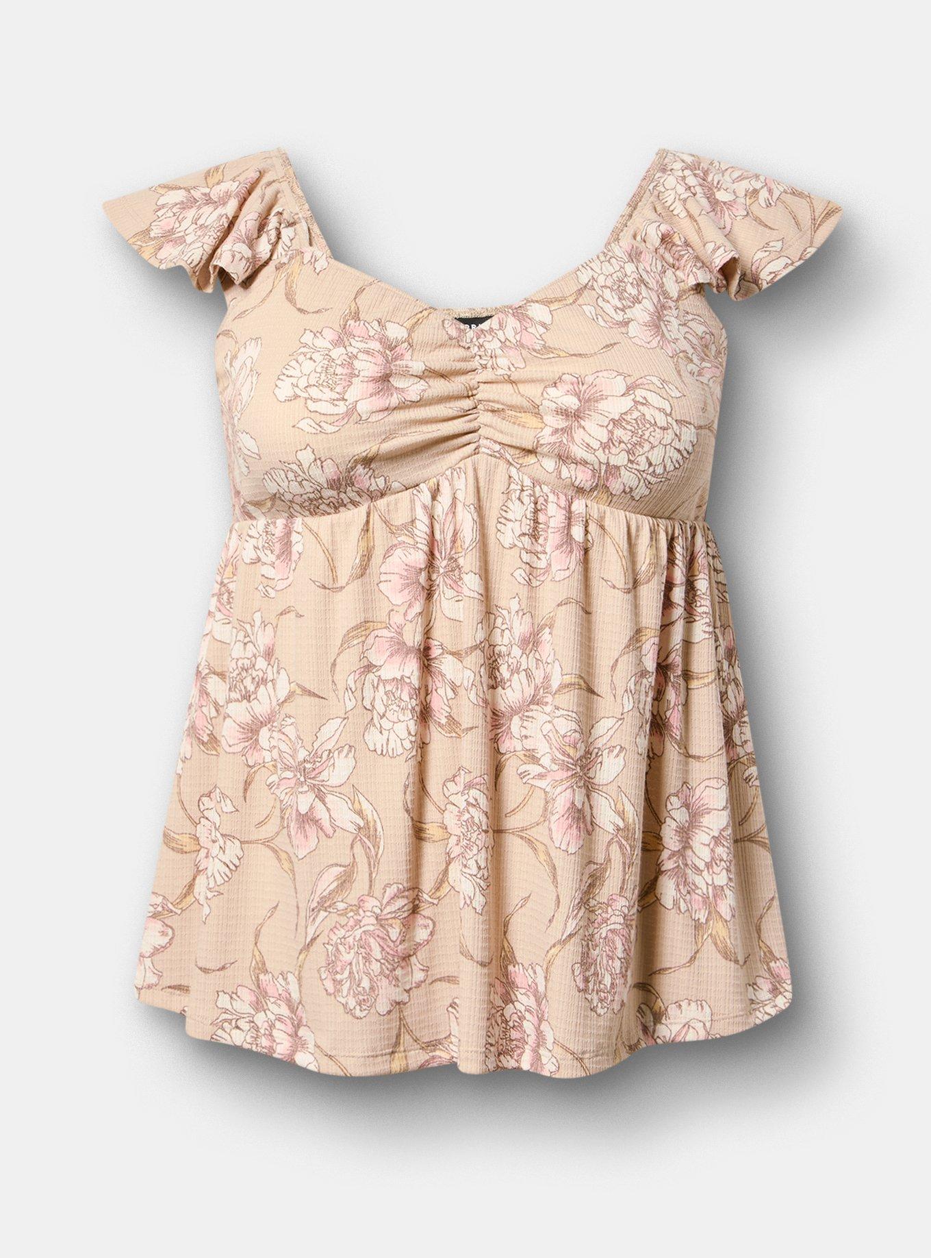 Textured Jersey Flutter Sleeve Babydoll Top, SKETCHBOOK FLORAL TAN, hi-res