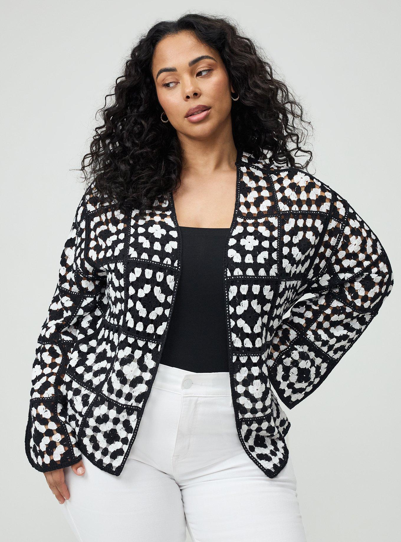 Crochet Open Front Cardigan, SWEATER KNIT MEDALLION BLACK WHITE, alternate
