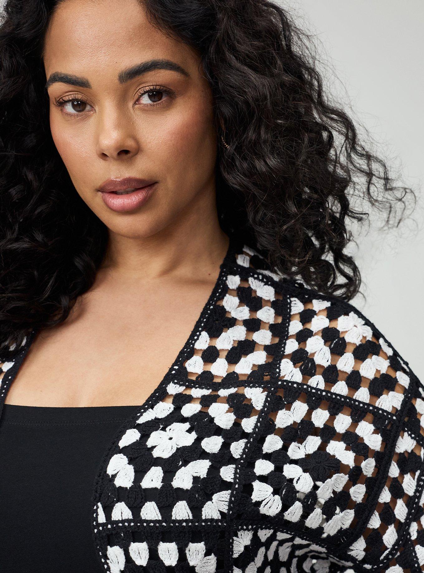 Crochet Open Front Cardigan, SWEATER KNIT MEDALLION BLACK WHITE, alternate