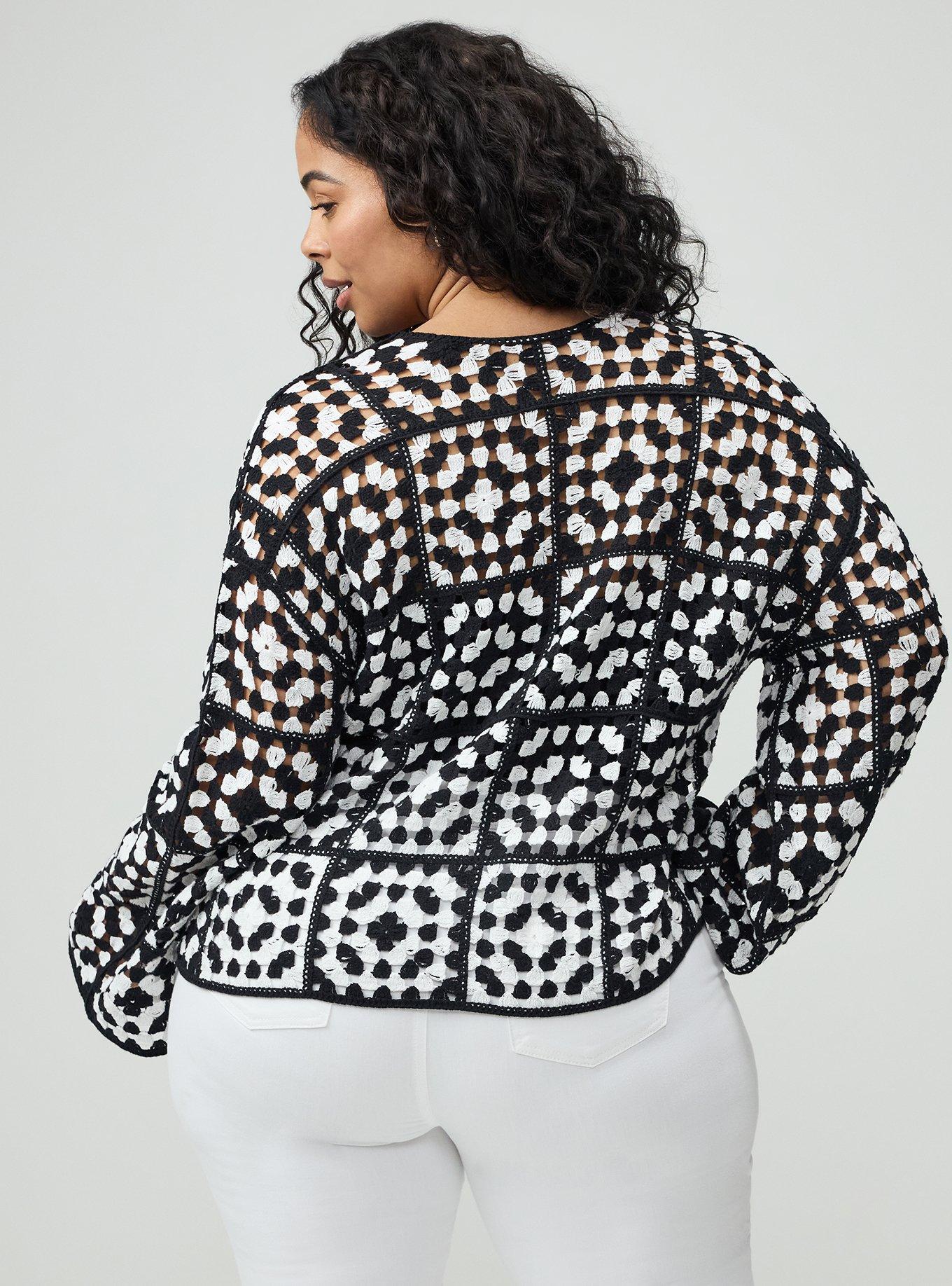 Crochet Open Front Cardigan, SWEATER KNIT MEDALLION BLACK WHITE, alternate