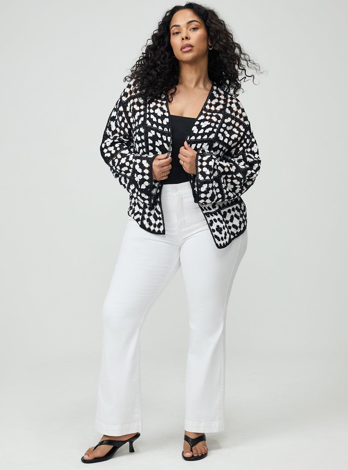 Crochet Open Front Cardigan, SWEATER KNIT MEDALLION BLACK WHITE, hi-res