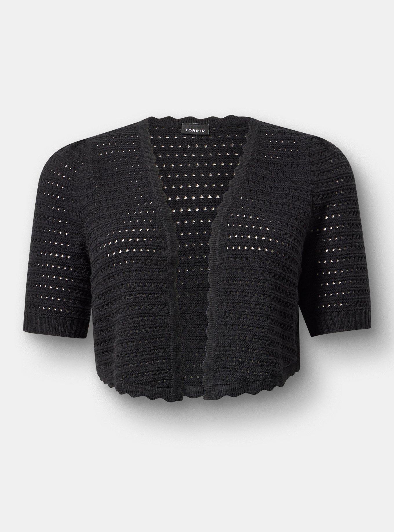 Pointelle Open Front Shrug, DEEP BLACK, hi-res