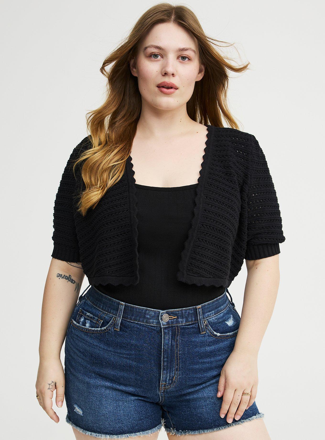 Pointelle Open Front Shrug, DEEP BLACK, hi-res
