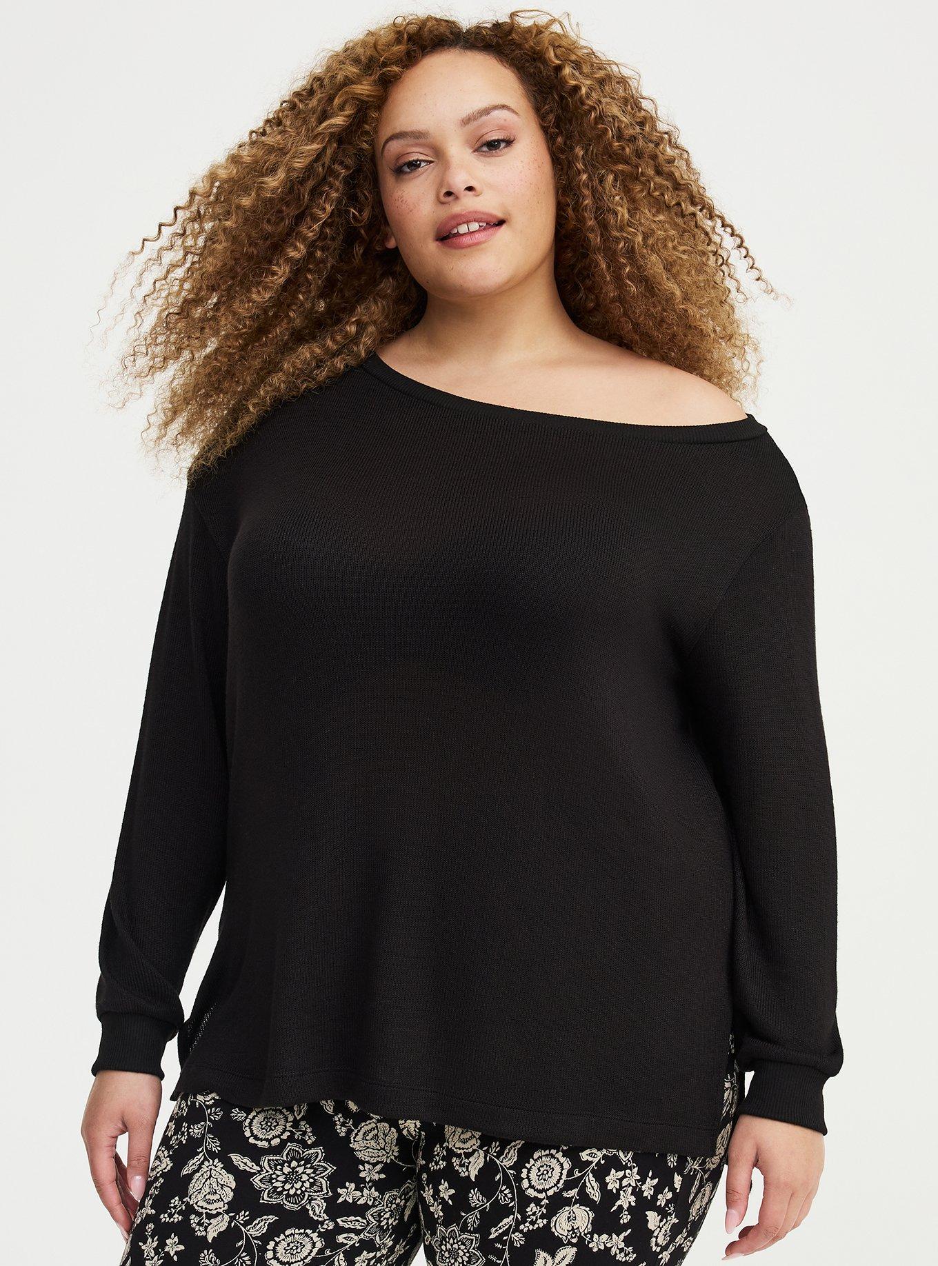 Plus Size Hacci Off-Shoulder Pullover Sweater, DEEP BLACK, hi-res