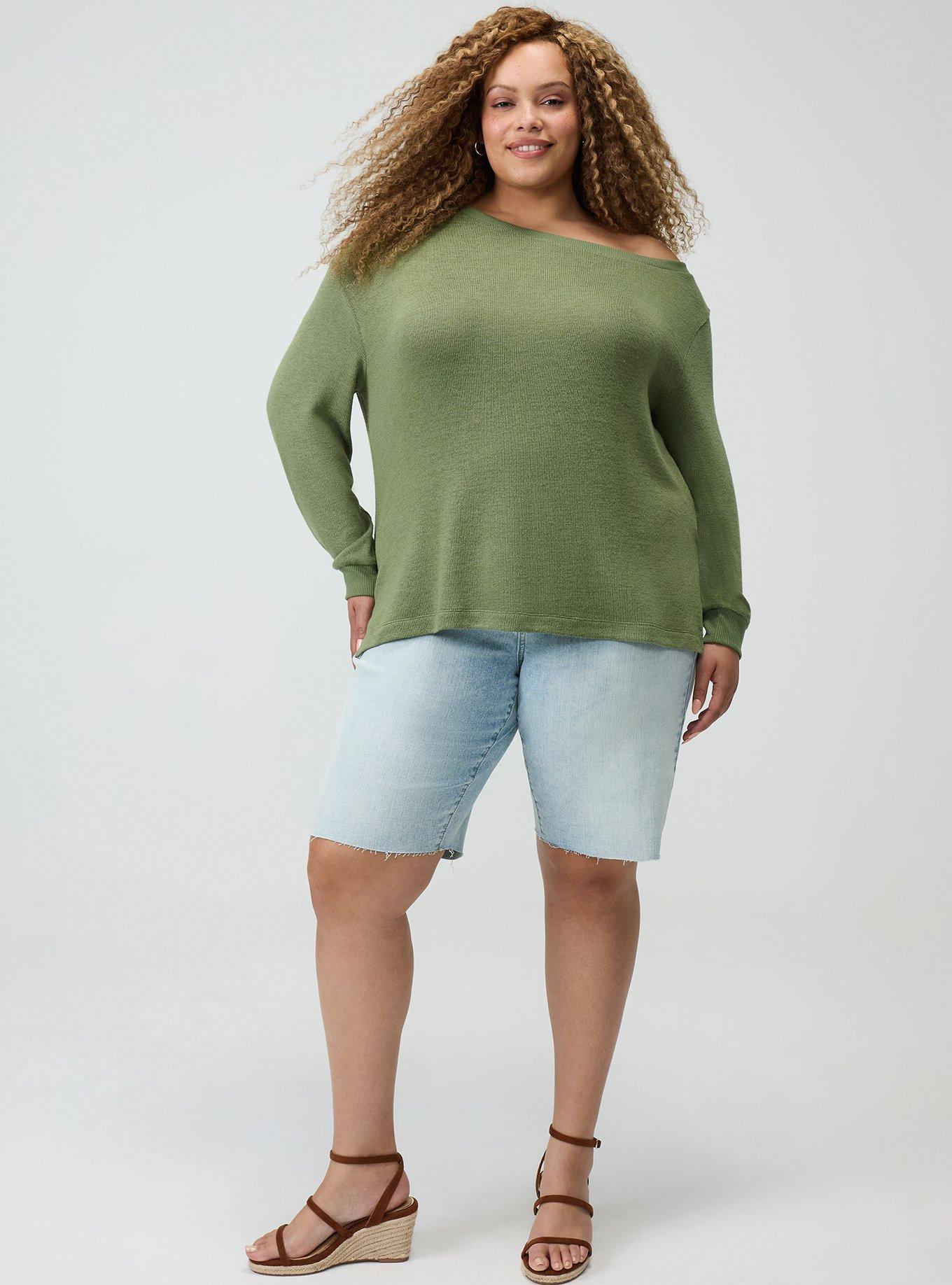 Hacci Off-Shoulder Pullover Sweater, OLIVINE, alternate