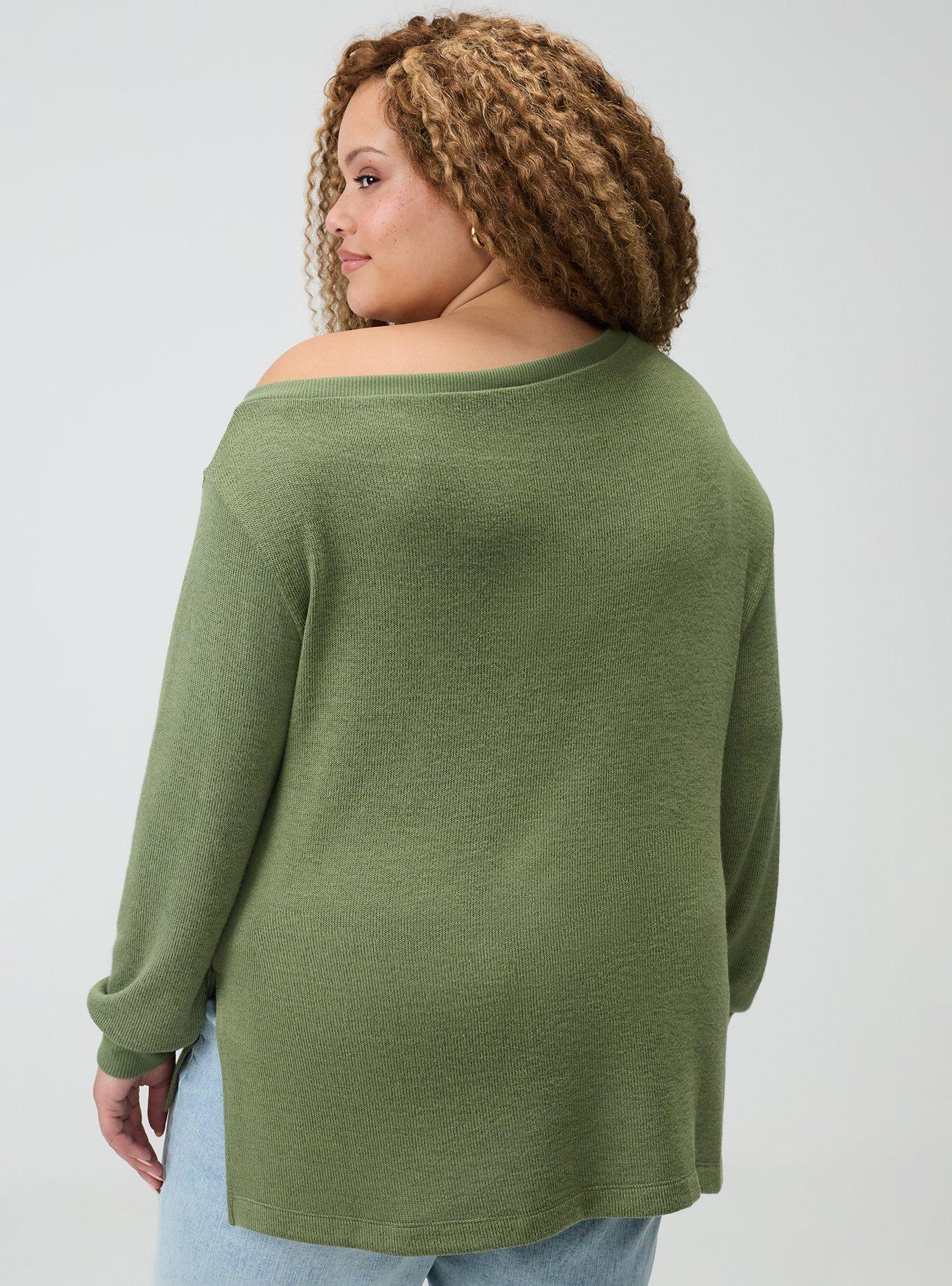 Hacci Off-Shoulder Pullover Sweater, OLIVINE, alternate