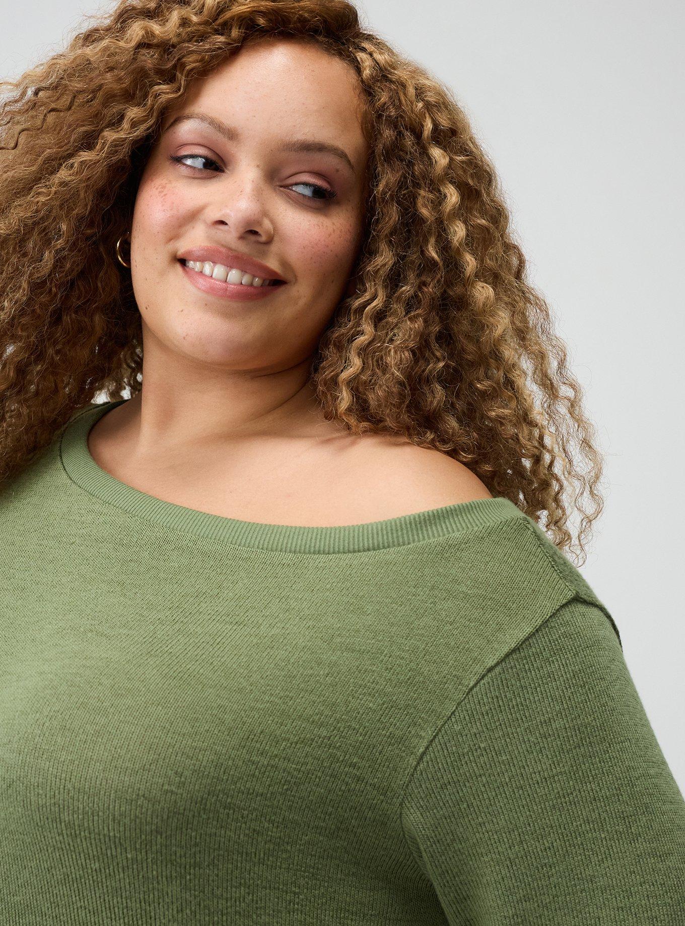 Hacci Off-Shoulder Pullover Sweater, OLIVINE, alternate