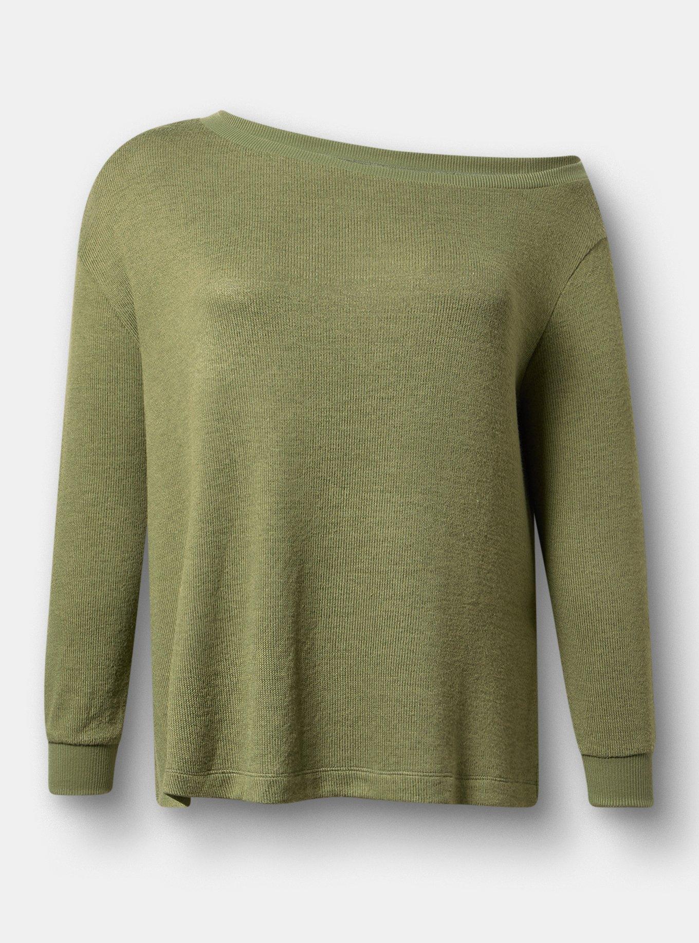 Hacci Off-Shoulder Pullover Sweater, OLIVINE, hi-res