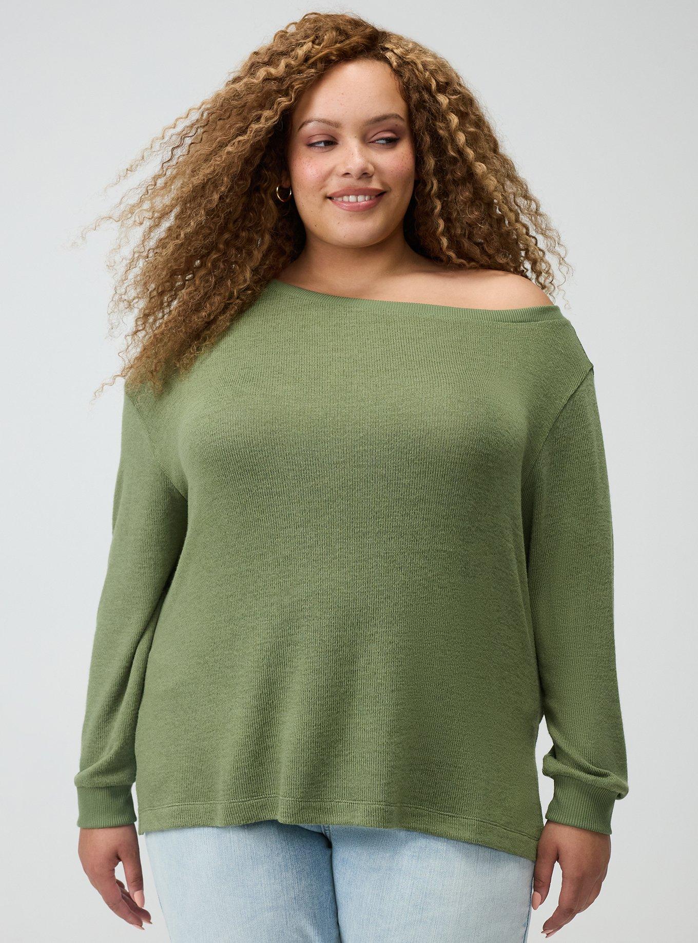 Hacci Off-Shoulder Pullover Sweater, OLIVINE, hi-res