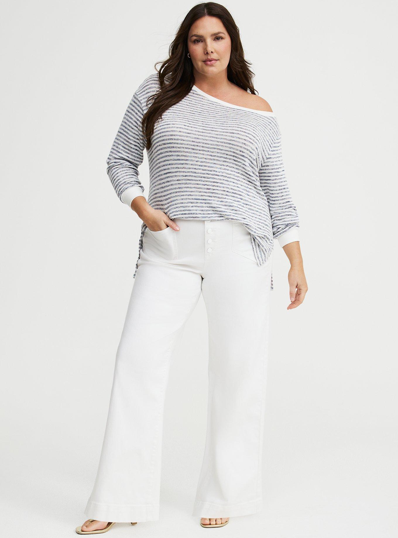 Hacci Off-Shoulder Pullover Sweater, MARLED MEDIEVAL BLUE BLANC DE BLANC STRIPE, alternate