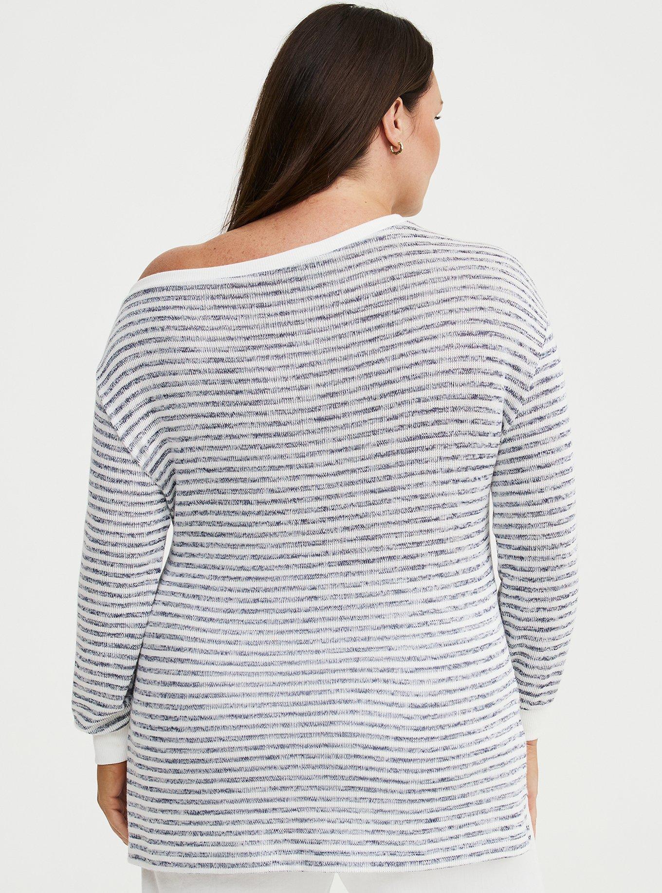 Hacci Off-Shoulder Pullover Sweater, MARLED MEDIEVAL BLUE BLANC DE BLANC STRIPE, alternate
