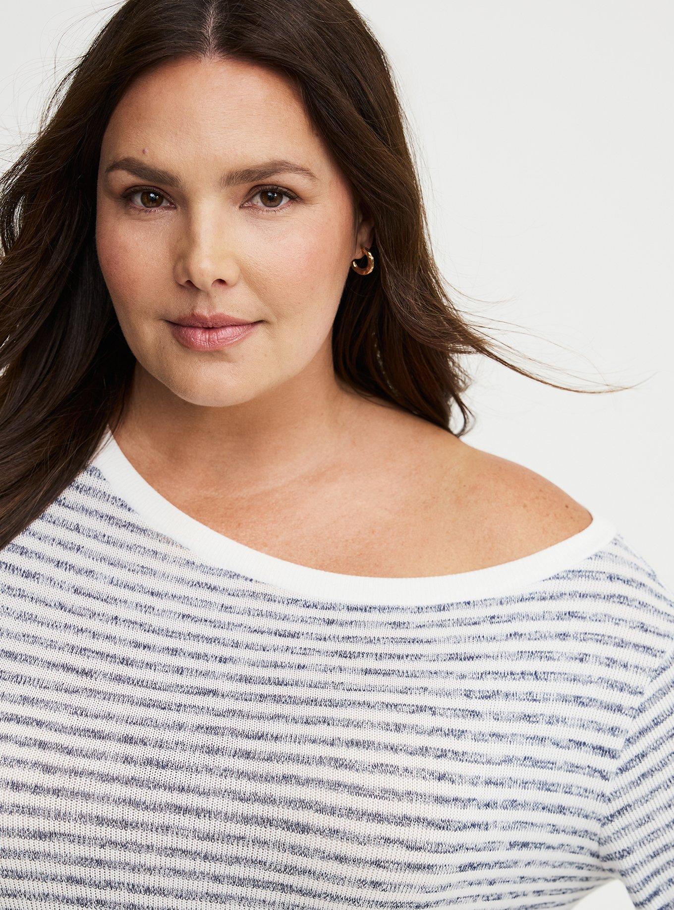 Hacci Off-Shoulder Pullover Sweater, MARLED MEDIEVAL BLUE BLANC DE BLANC STRIPE, alternate