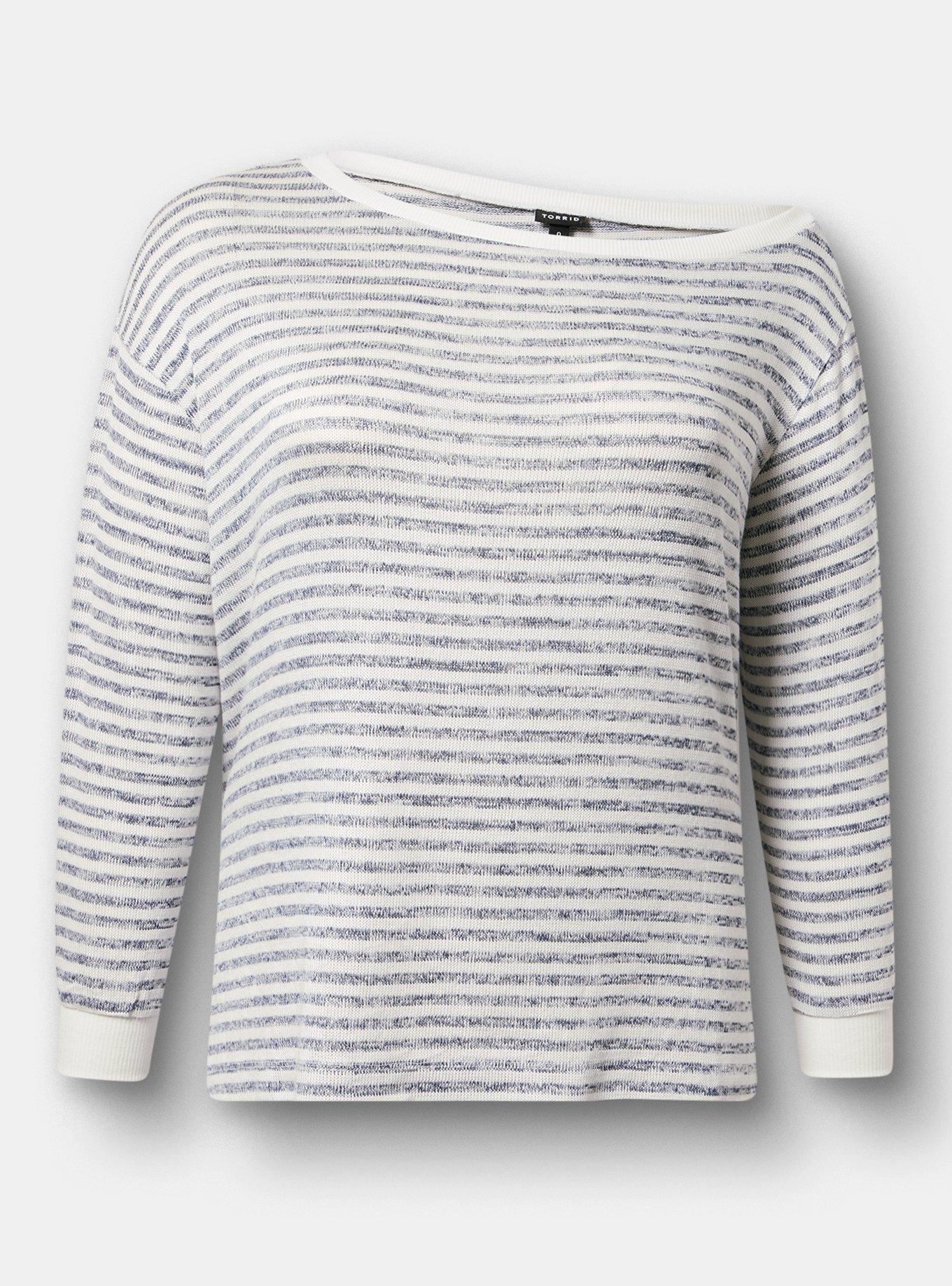 Hacci Off-Shoulder Pullover Sweater, MARLED MEDIEVAL BLUE BLANC DE BLANC STRIPE, hi-res