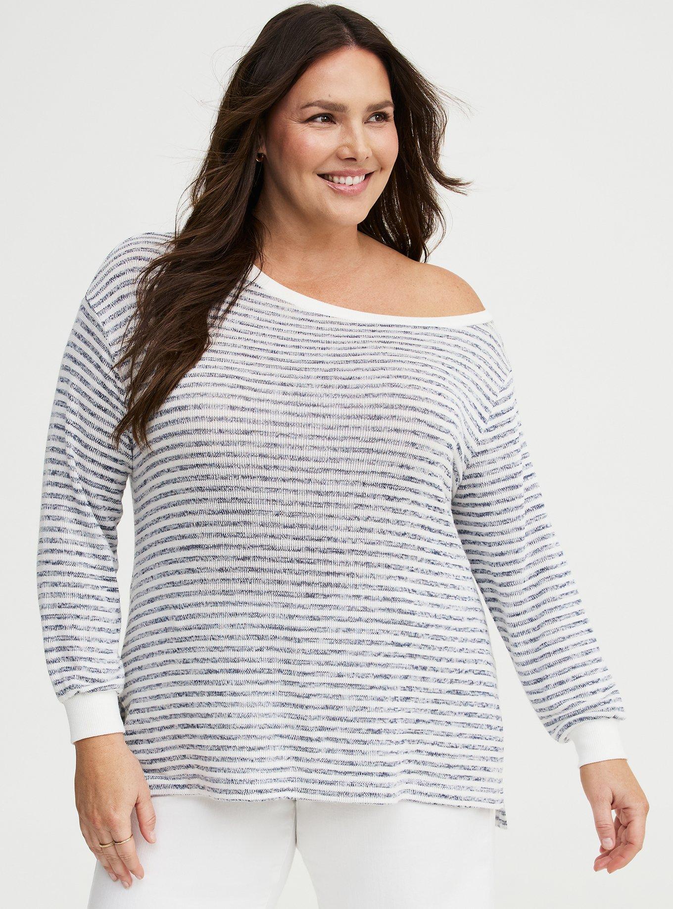 Hacci Off-Shoulder Pullover Sweater, MARLED MEDIEVAL BLUE BLANC DE BLANC STRIPE, hi-res