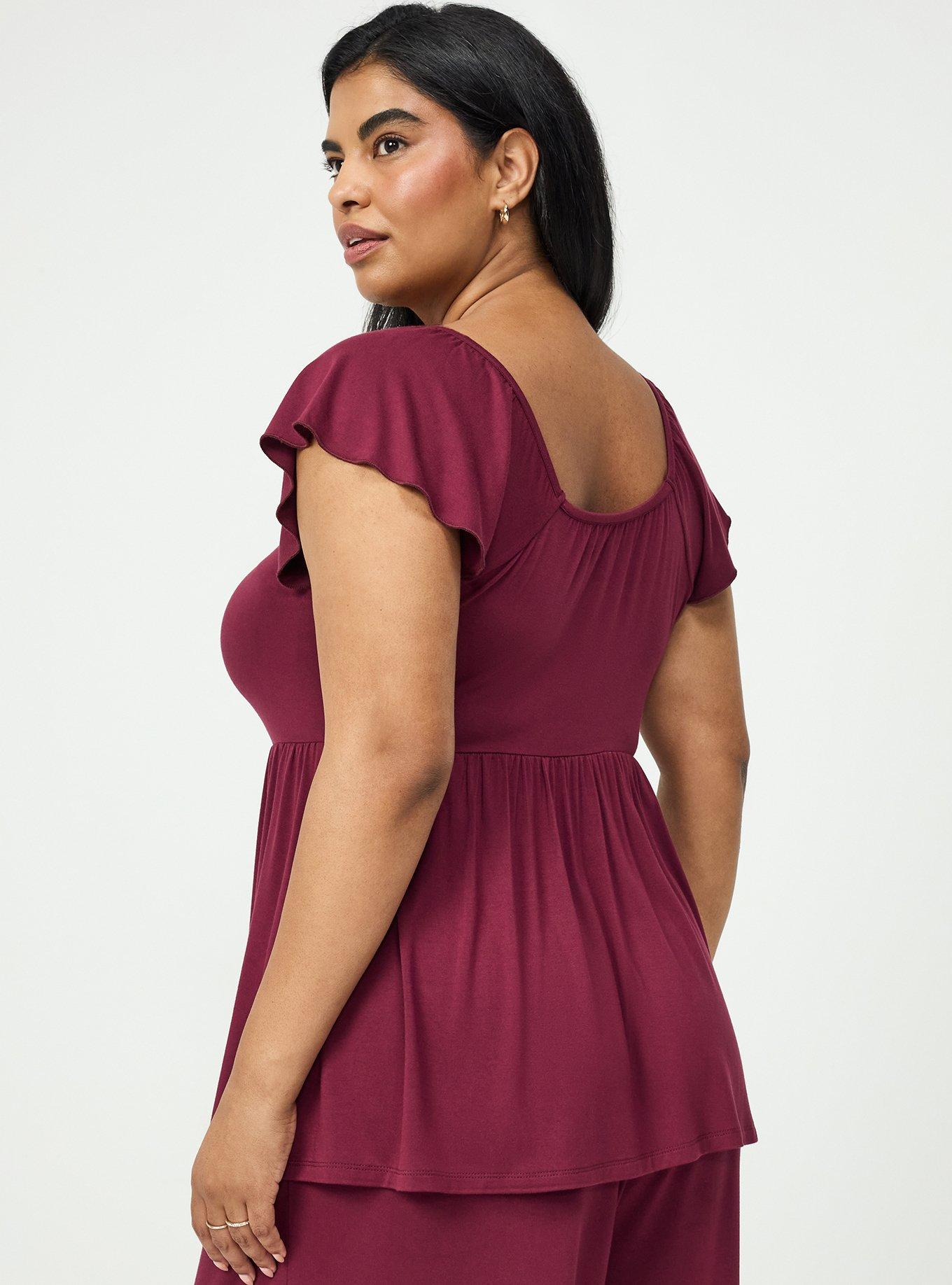 Super Soft Shirred Bodice Babydoll Top, MAROON BANNER, alternate