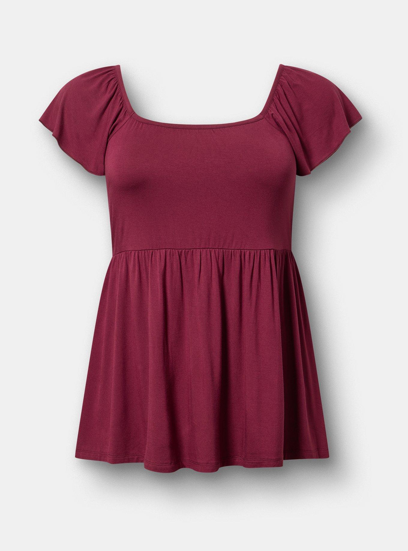 Super Soft Shirred Bodice Babydoll Top, MAROON BANNER, flat