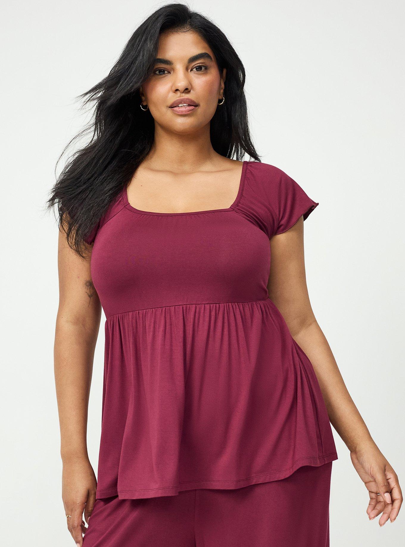 Super Soft Shirred Bodice Babydoll Top, MAROON BANNER, hi-res