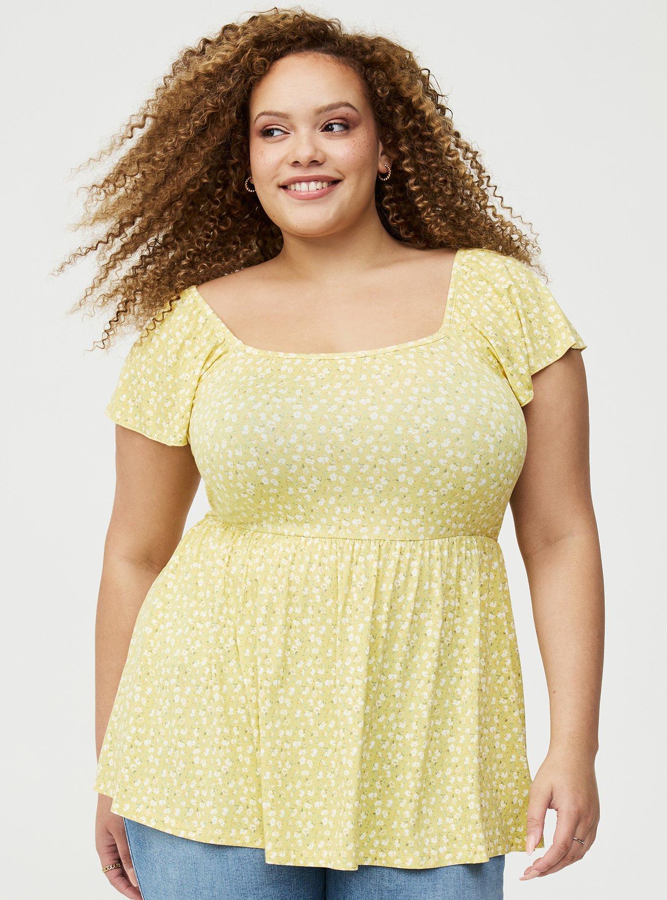 Super Soft Shirred Bodice Babydoll Top, BABY BREATH FLORAL YELLOW, hi-res